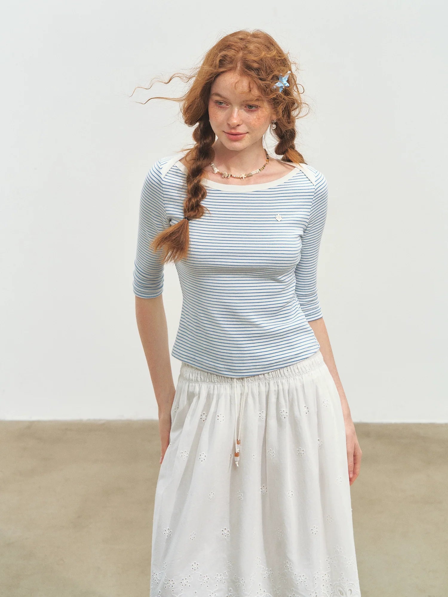 Envelope Neck Mid-sleeve Striped T-Shirt