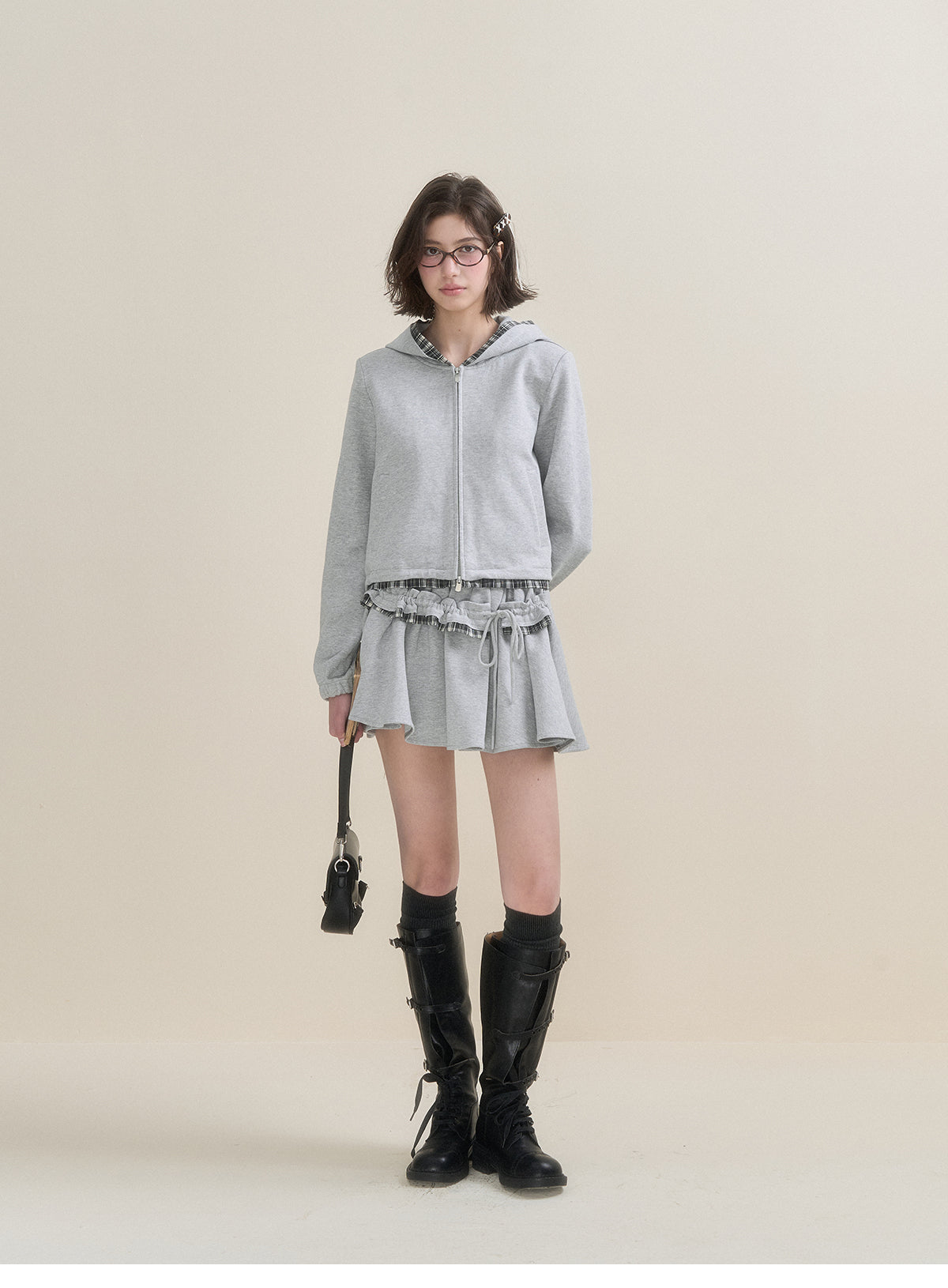 Gray Plaid Spliced Hoodie & Skirt Set
