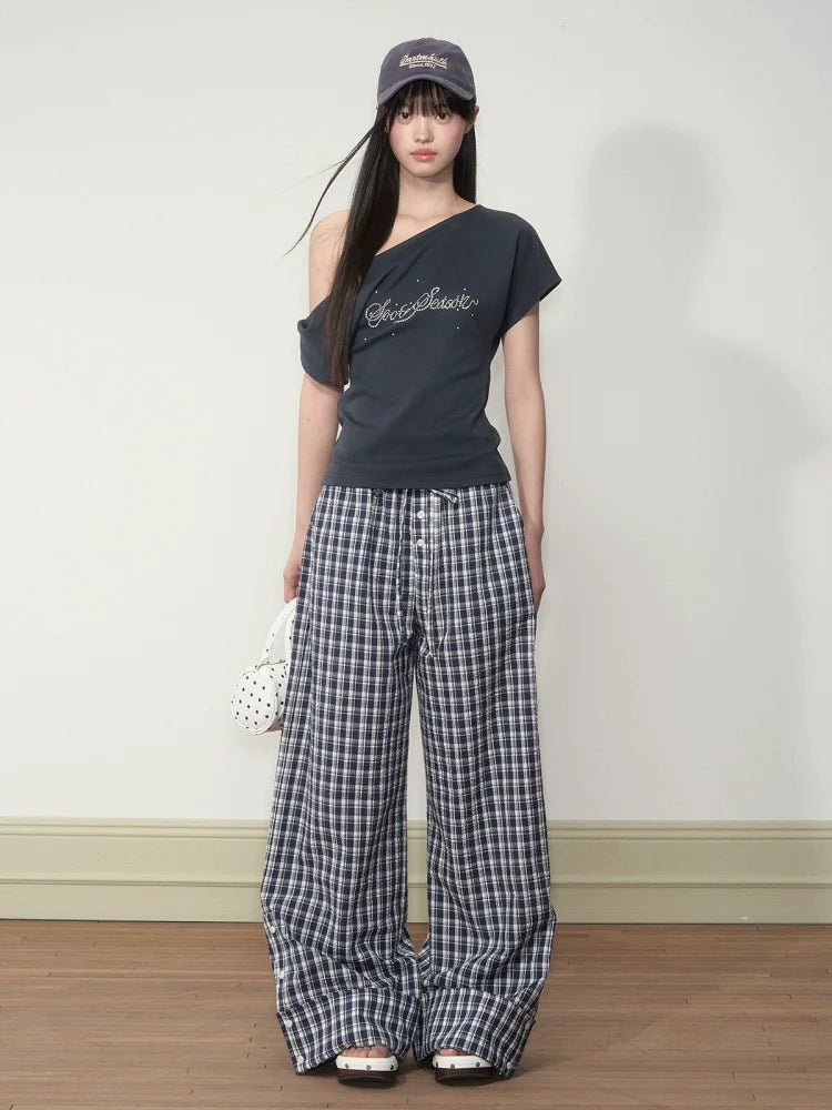 Flapped Loose Navy Checkered Pants