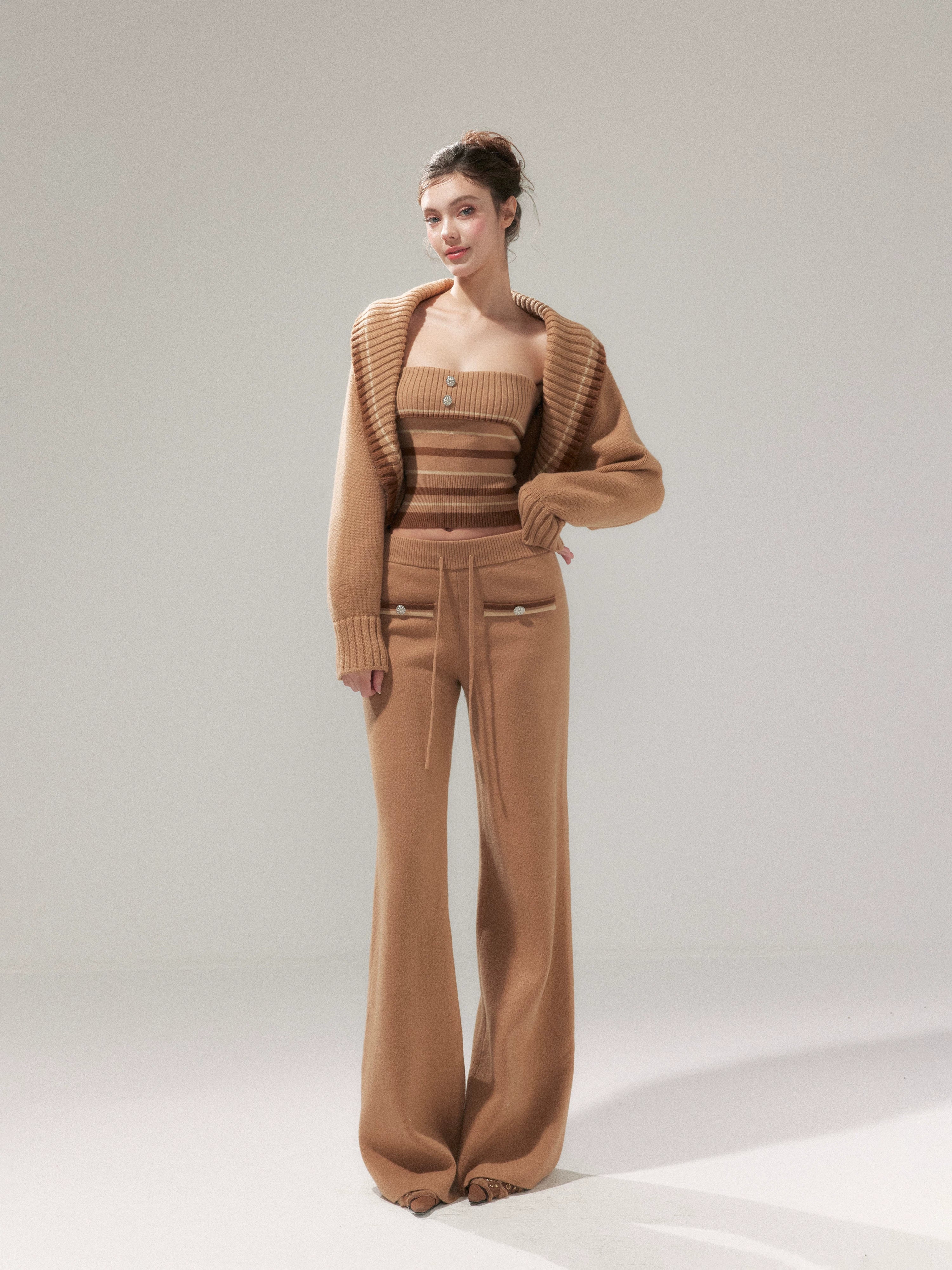 Khaki Striped Oversized Collar Knit Cardigan and Pants Set