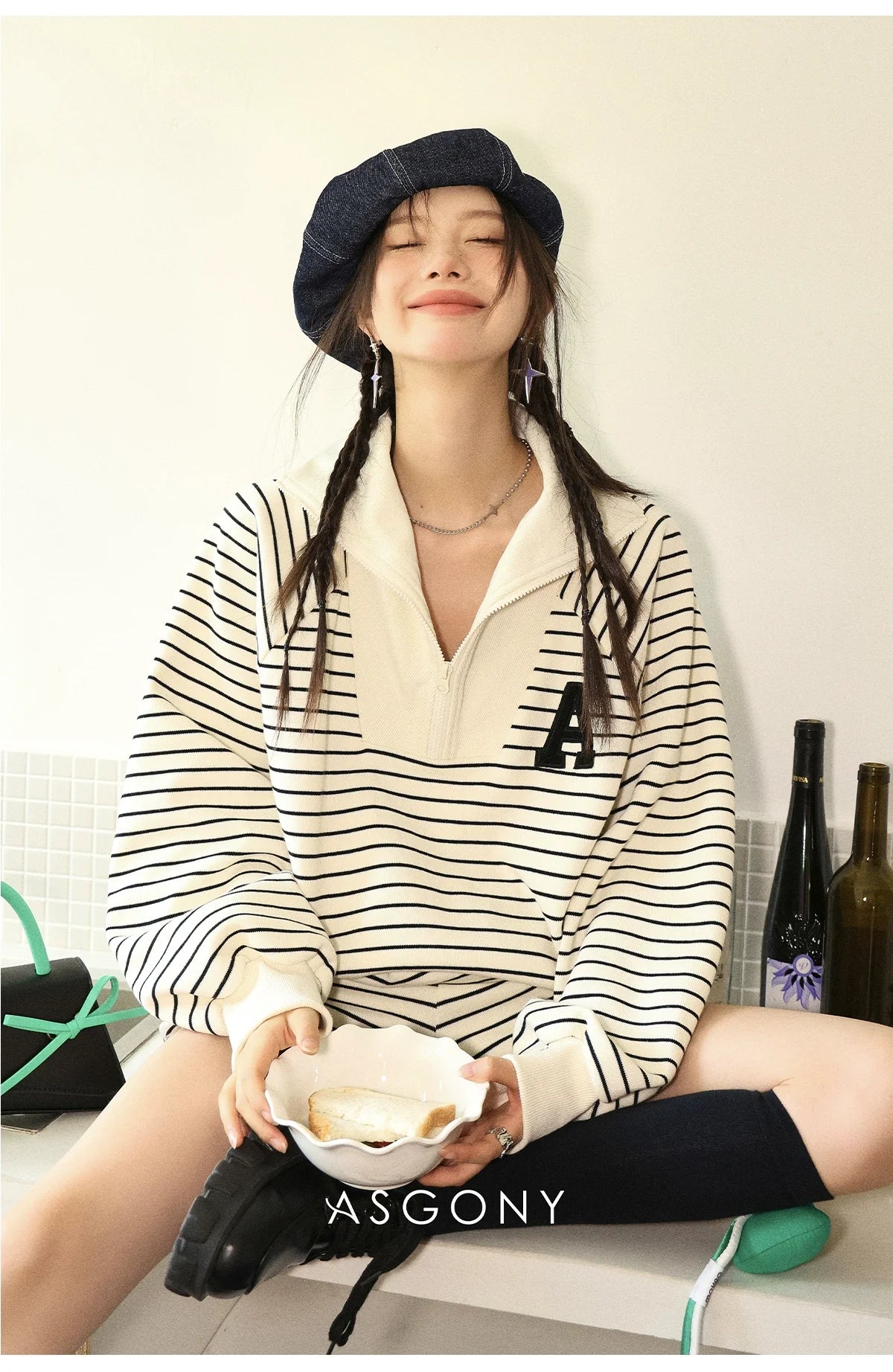 Striped Embroidered Sweatshirt & Shorts Set