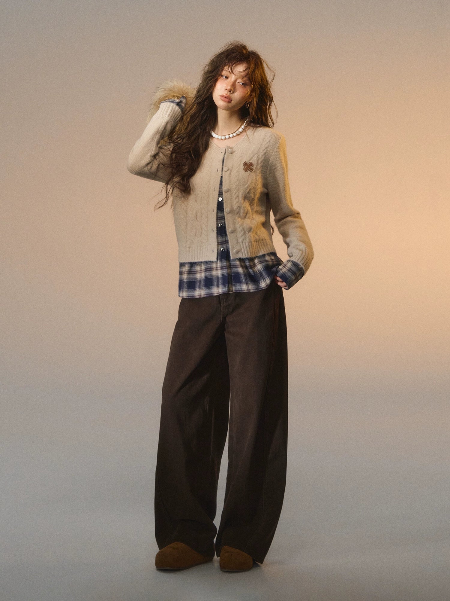 Plaid Layered Cable Cardigan