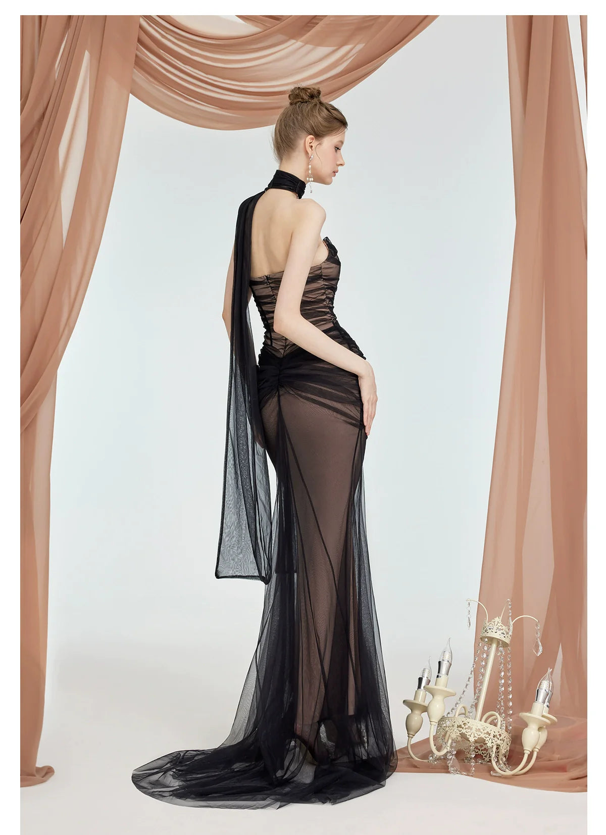 Black & Apricot Tulle Ruffled Slim-fit Strapless Dress