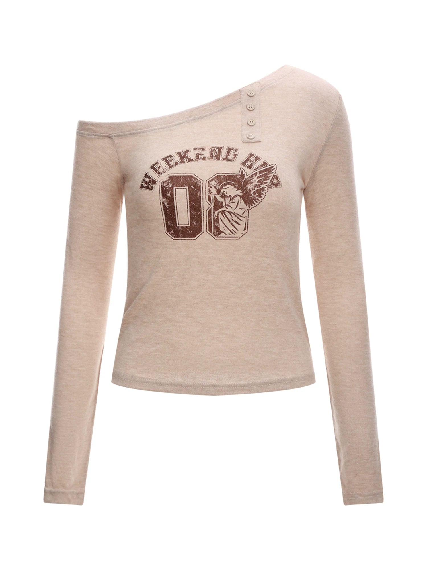Oatmeal Angel Print Asymmetric Shoulder Top