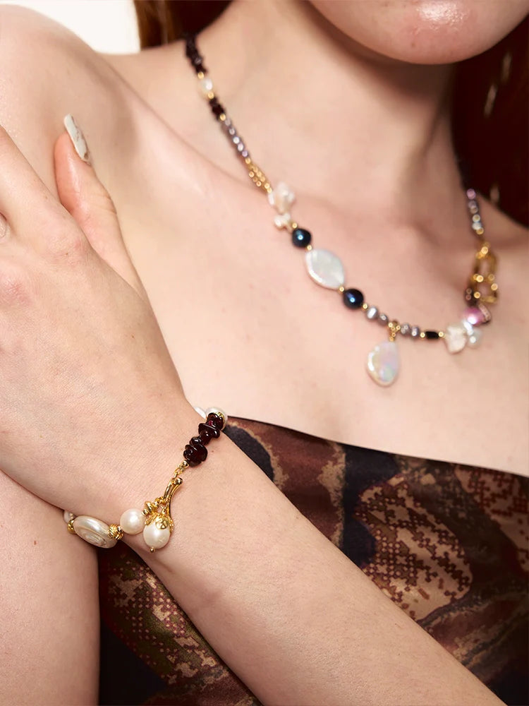 Vintage Golden Garnet Red Baroque Pearl Bracelet