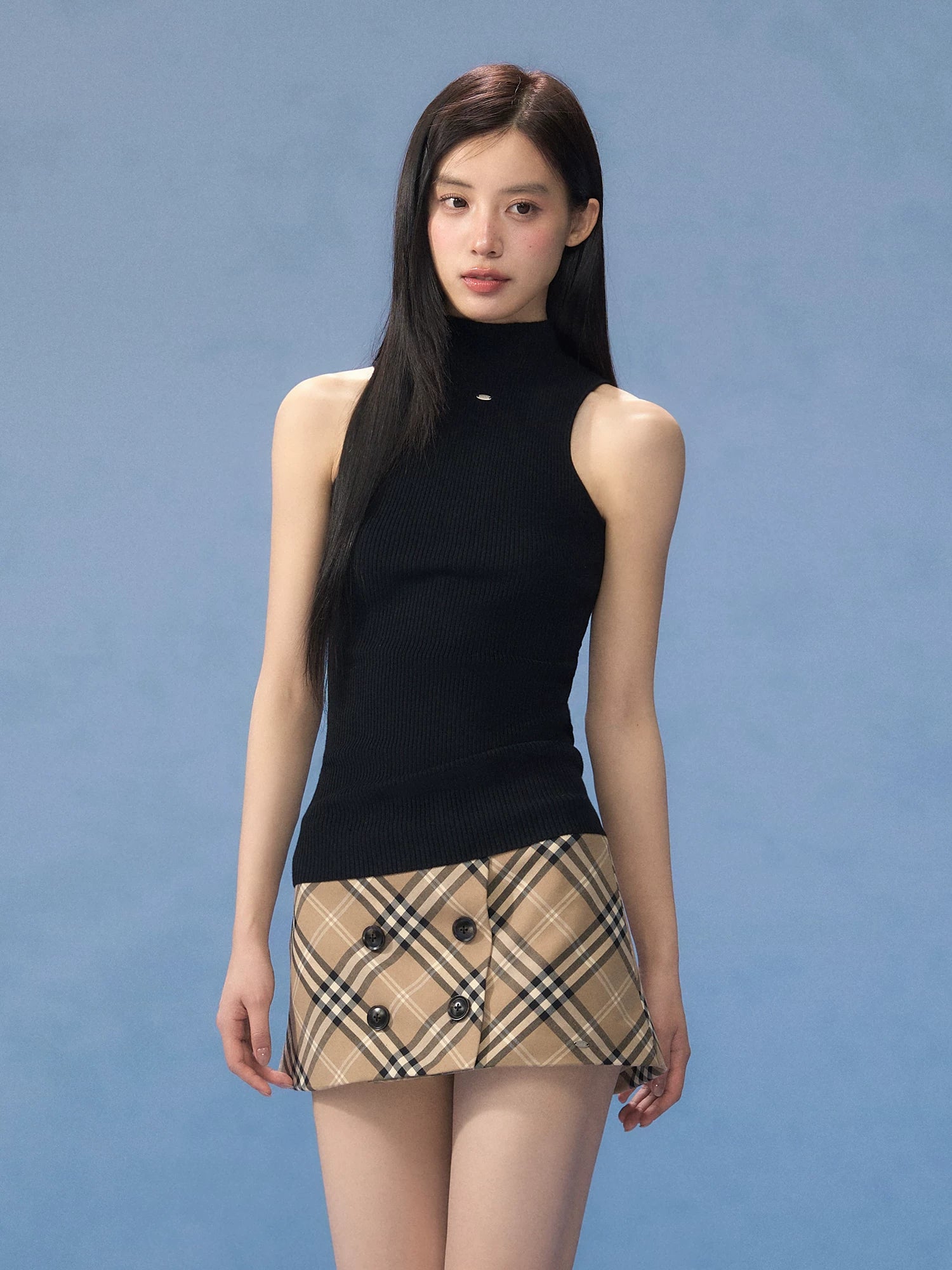 Black Mock-neck Top & Plaid Skirt Set