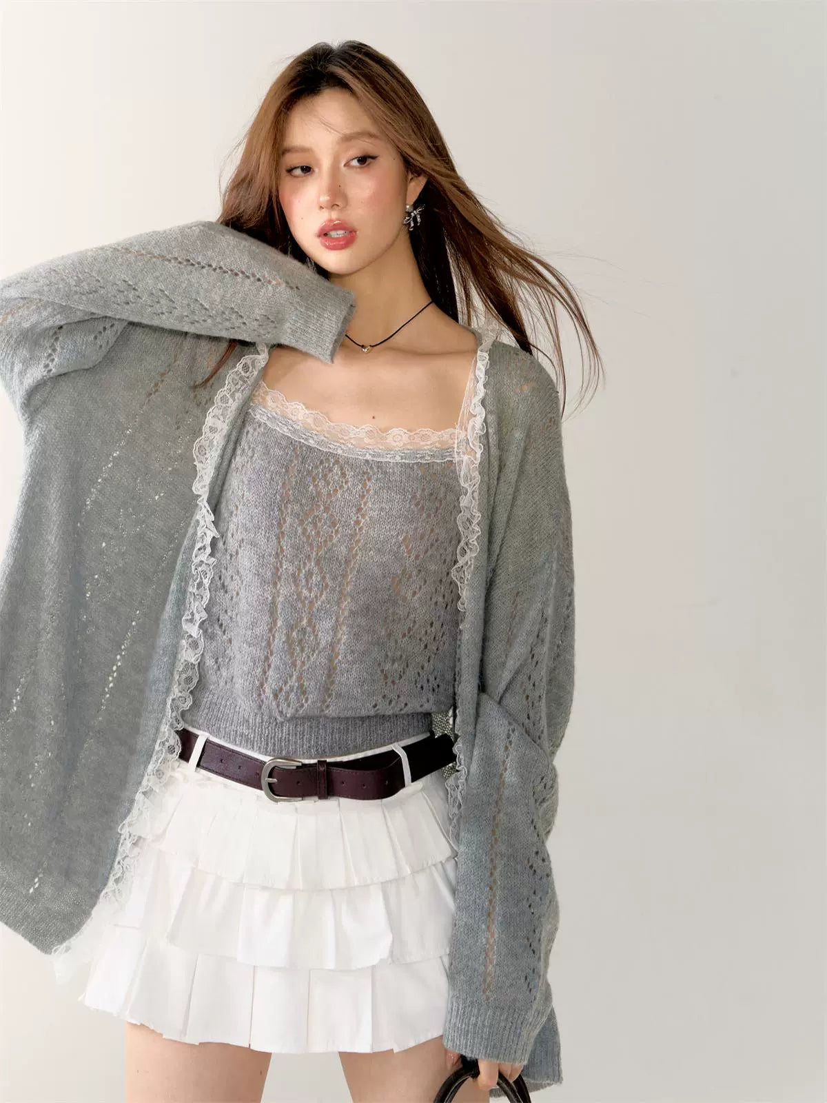 Gray & Purple Lace Trim Cardigan