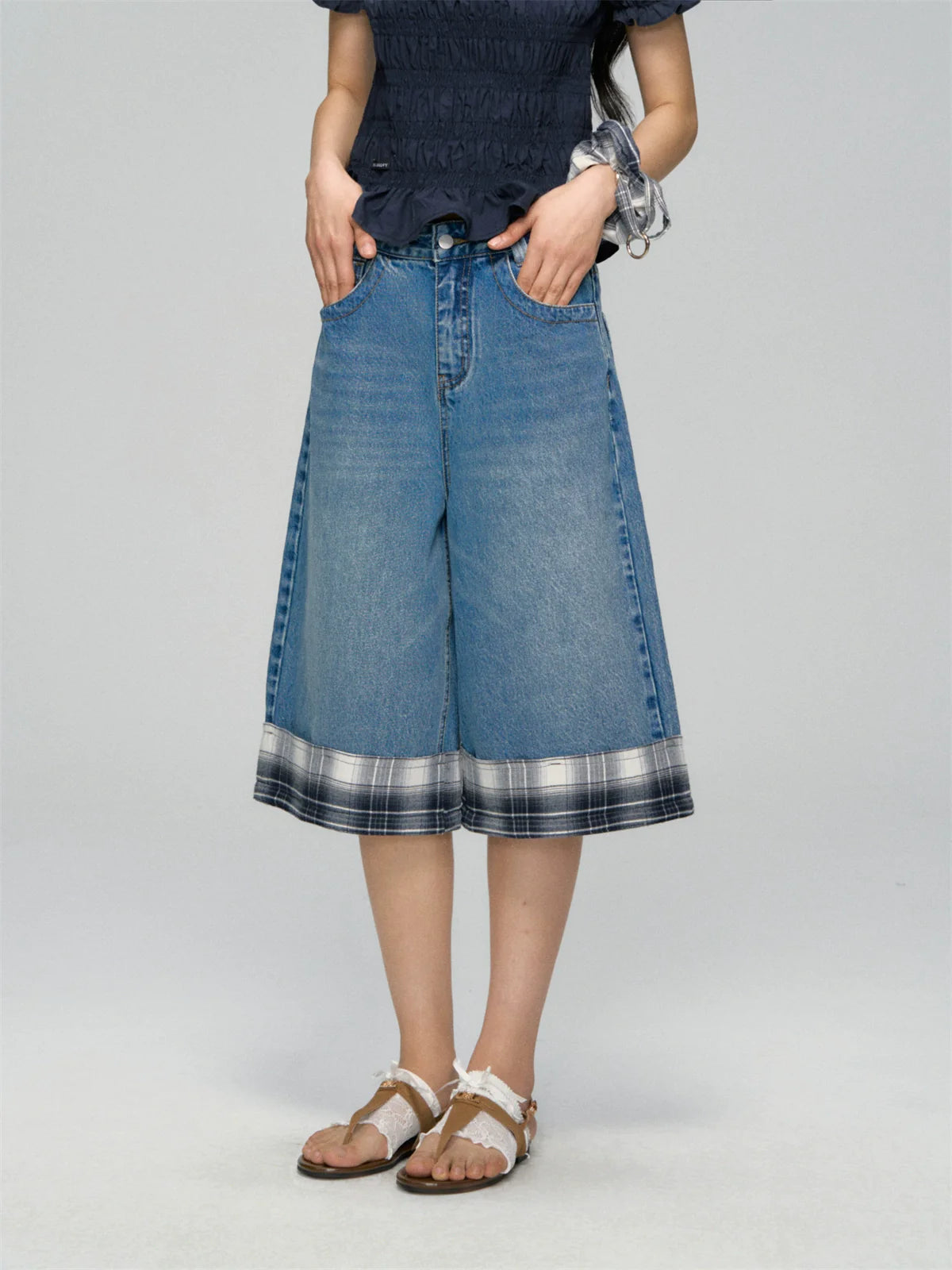 Checkered Patchwork Color-Blocking Wide-Leg Pants Set