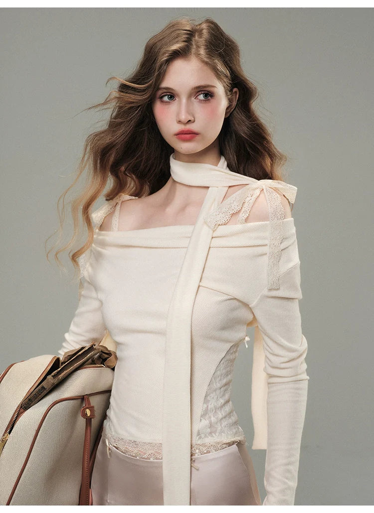 White& Black Off-Shoulder Lace Knit Crewneck