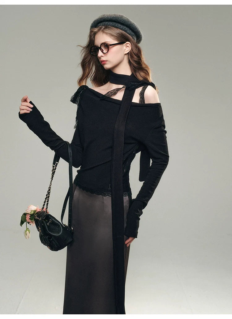 White& Black Off-Shoulder Lace Knit Crewneck