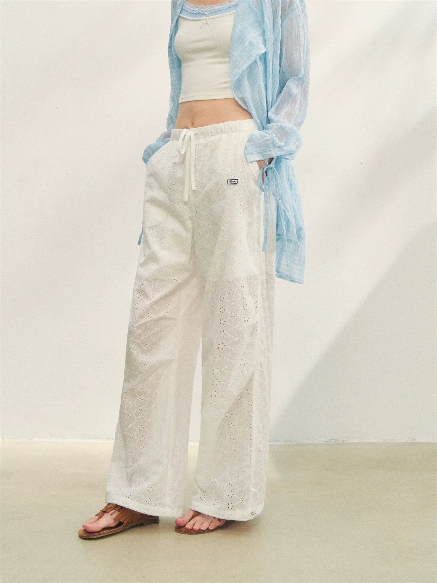 Hollow Embroidery Tie-up Casual Pants