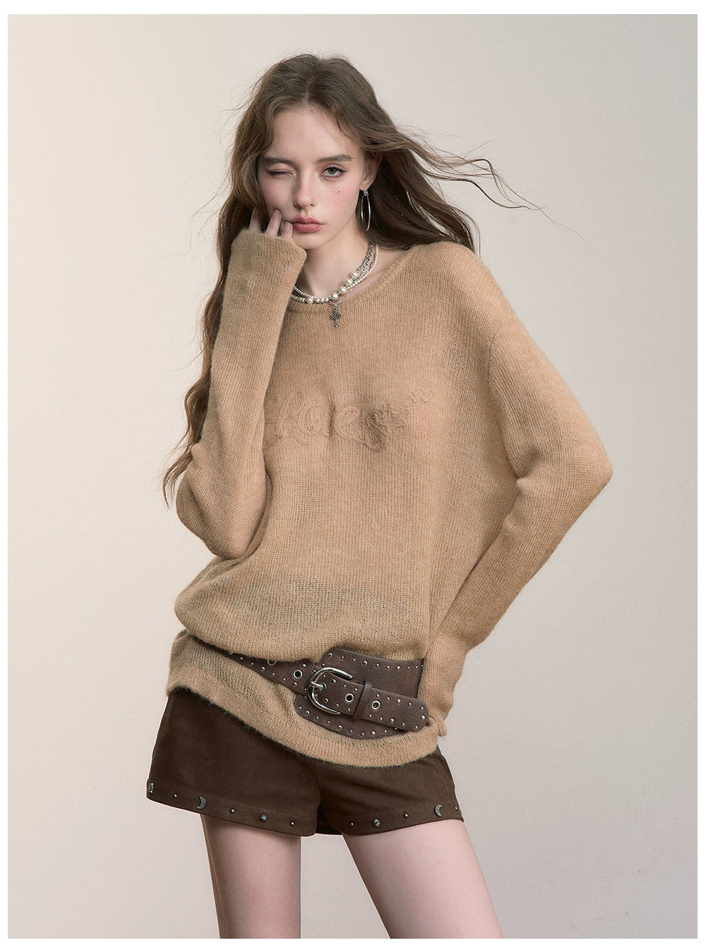 Embroidered Loose Knit Crewneck Pullover