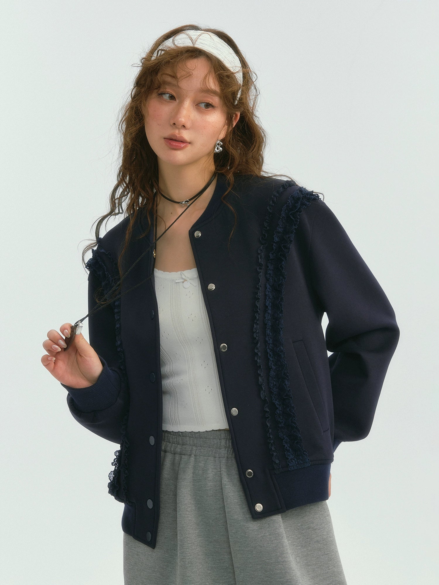 Lace‑Trim Baseball Jacket