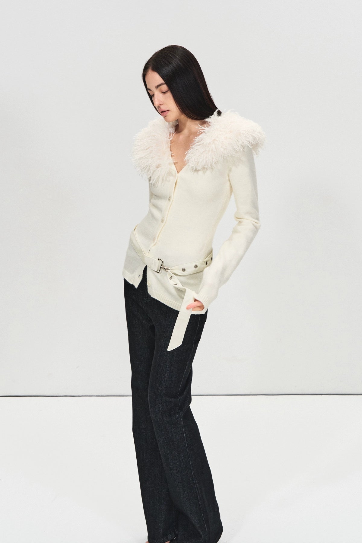 Detachable Fur Collar Suede Belted Cardigan