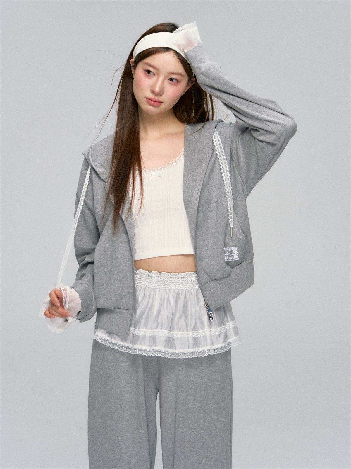Gray Lace-Trimmed Casual Hoodie & Pant Set