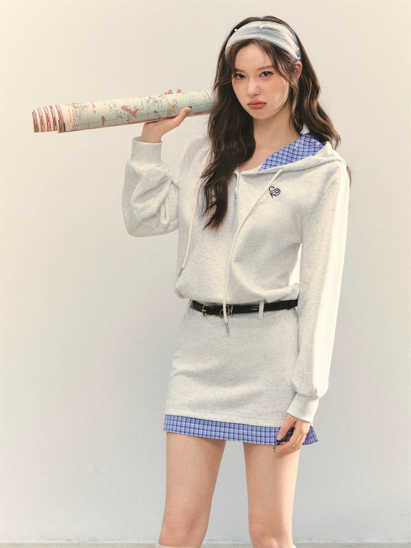 Gray Floral Checkered Patchwork Hoodie Dress