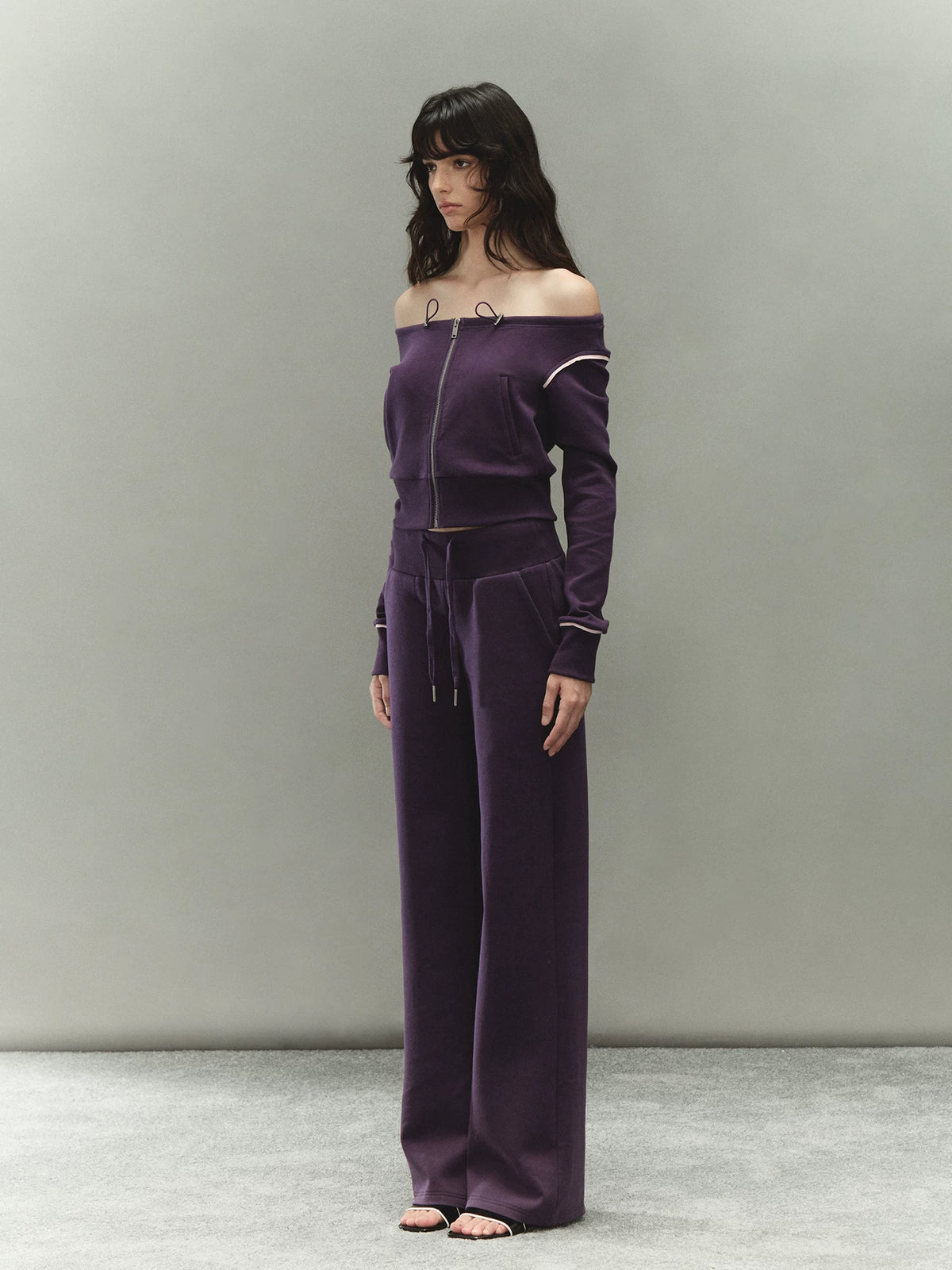 Off-Shoulder Drawstring Sweatshirt & Pants Set