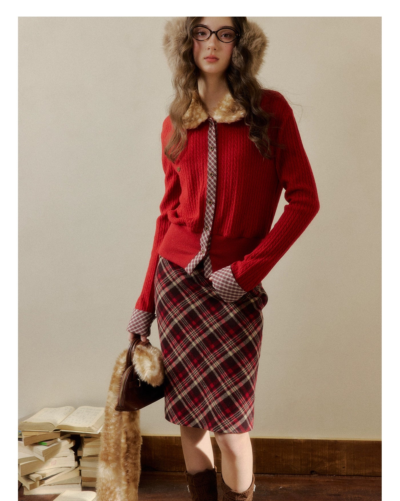 Fur-Collar Plaid Knit Cardigan