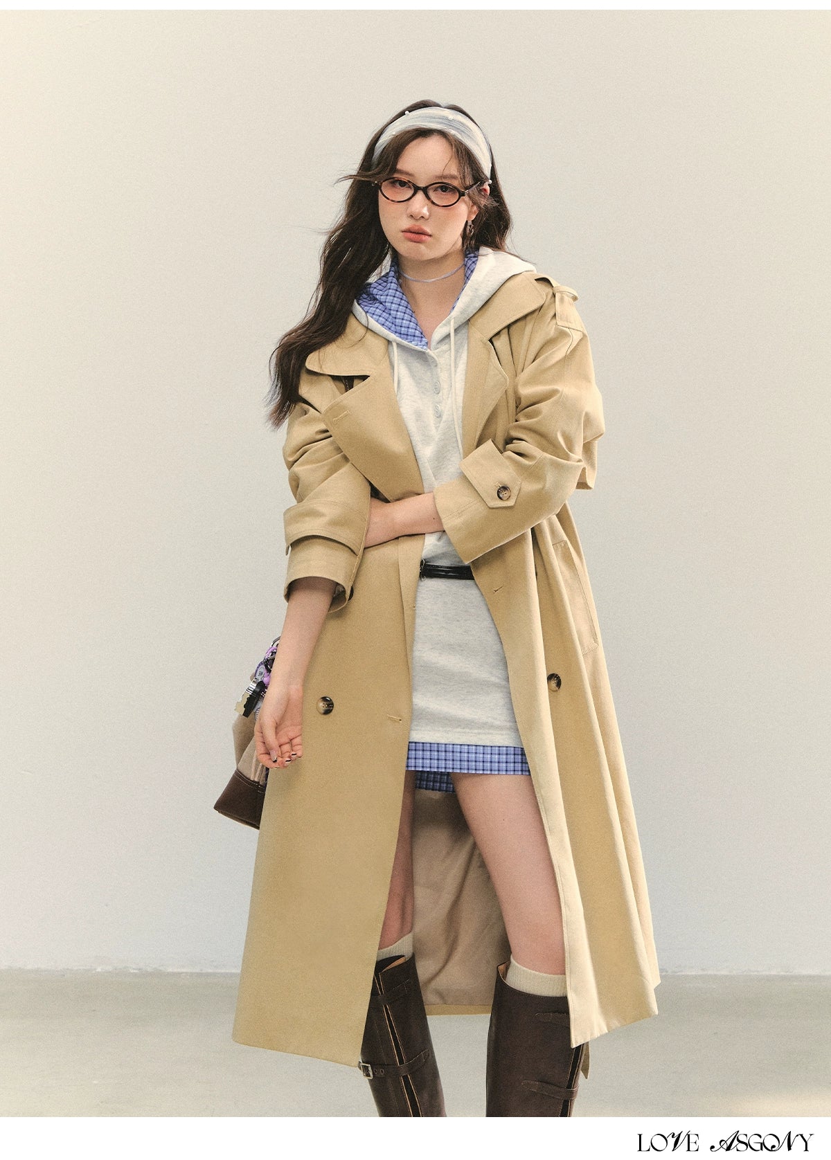 Khaki Embroidered Collar Khaki Long Trench Coat