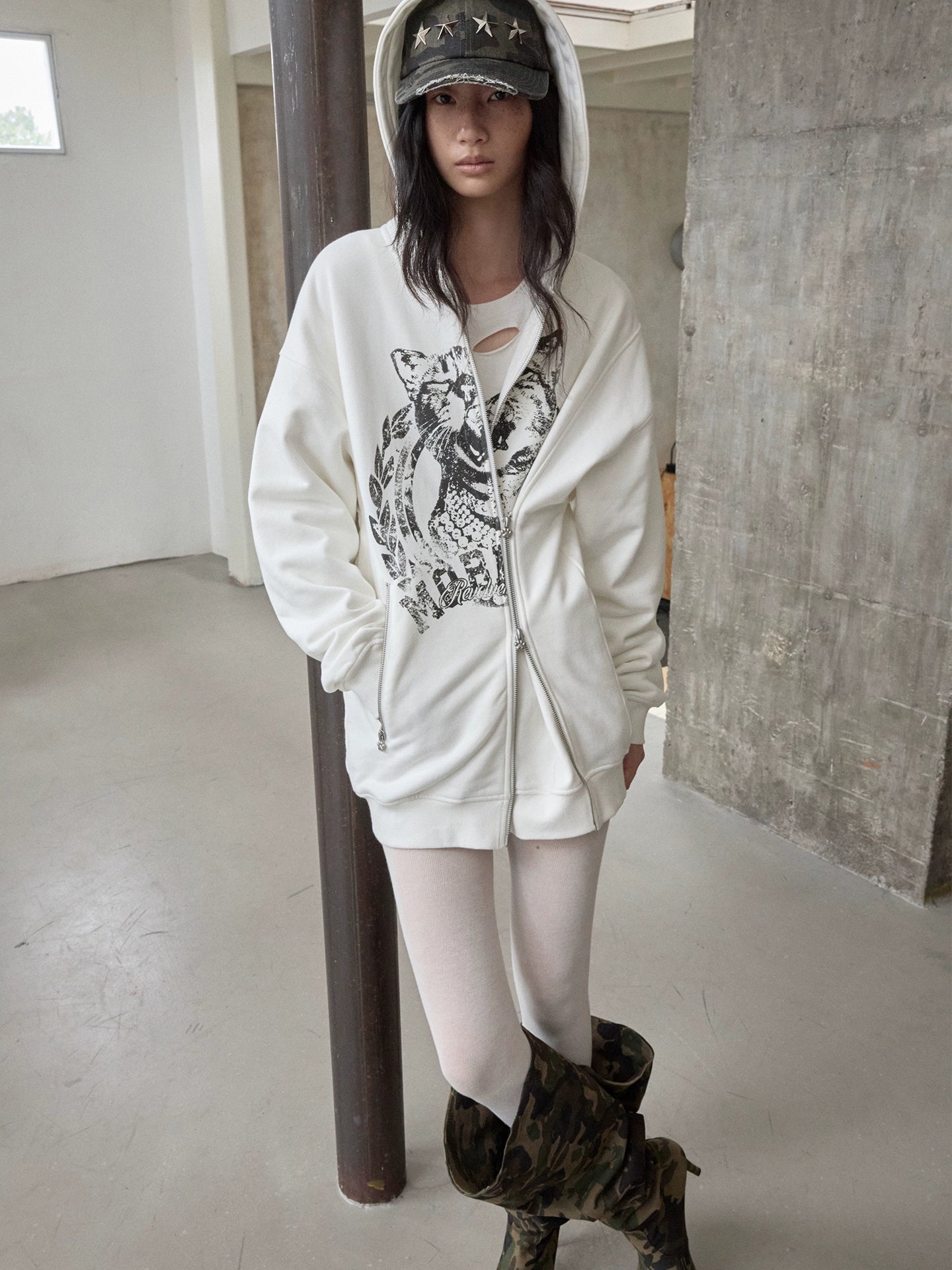 Cat Graphic Double-Zip Convertible Hoodie Jacket