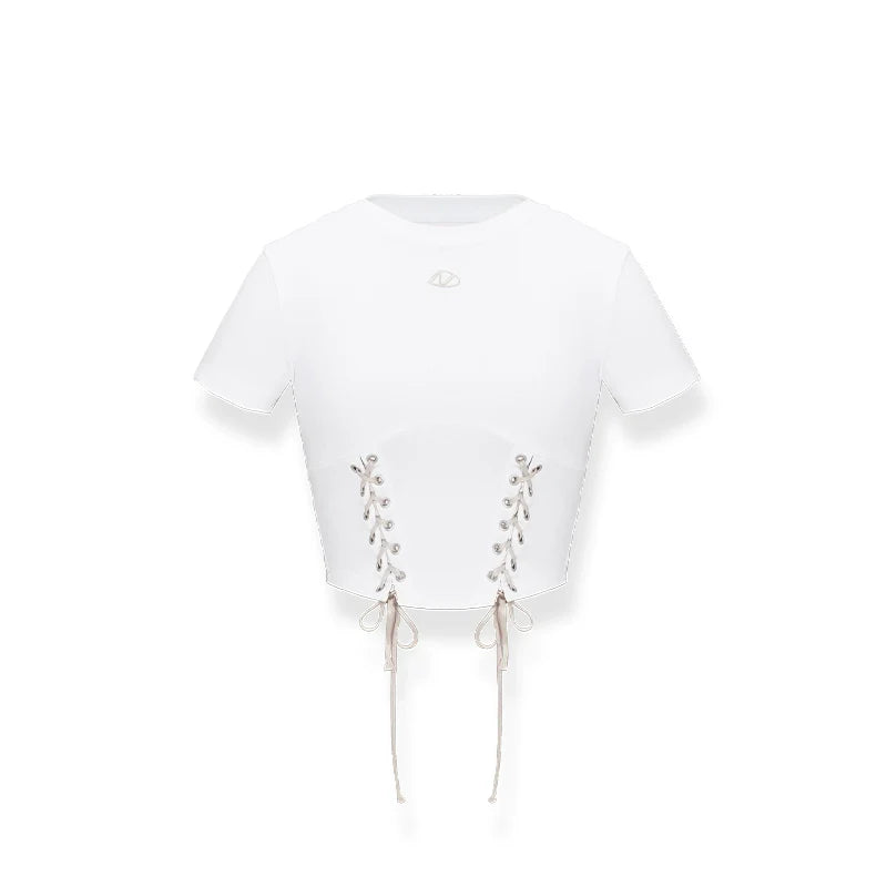Color-Blocked Belted Straight-Shoulder Short Sleeve Top