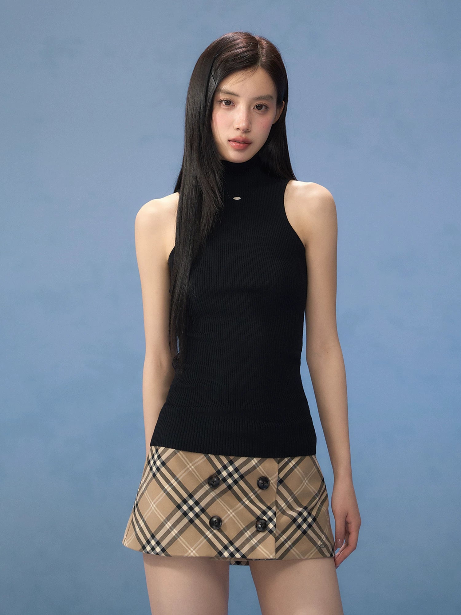 Black Mock-neck Top & Plaid Skirt Set