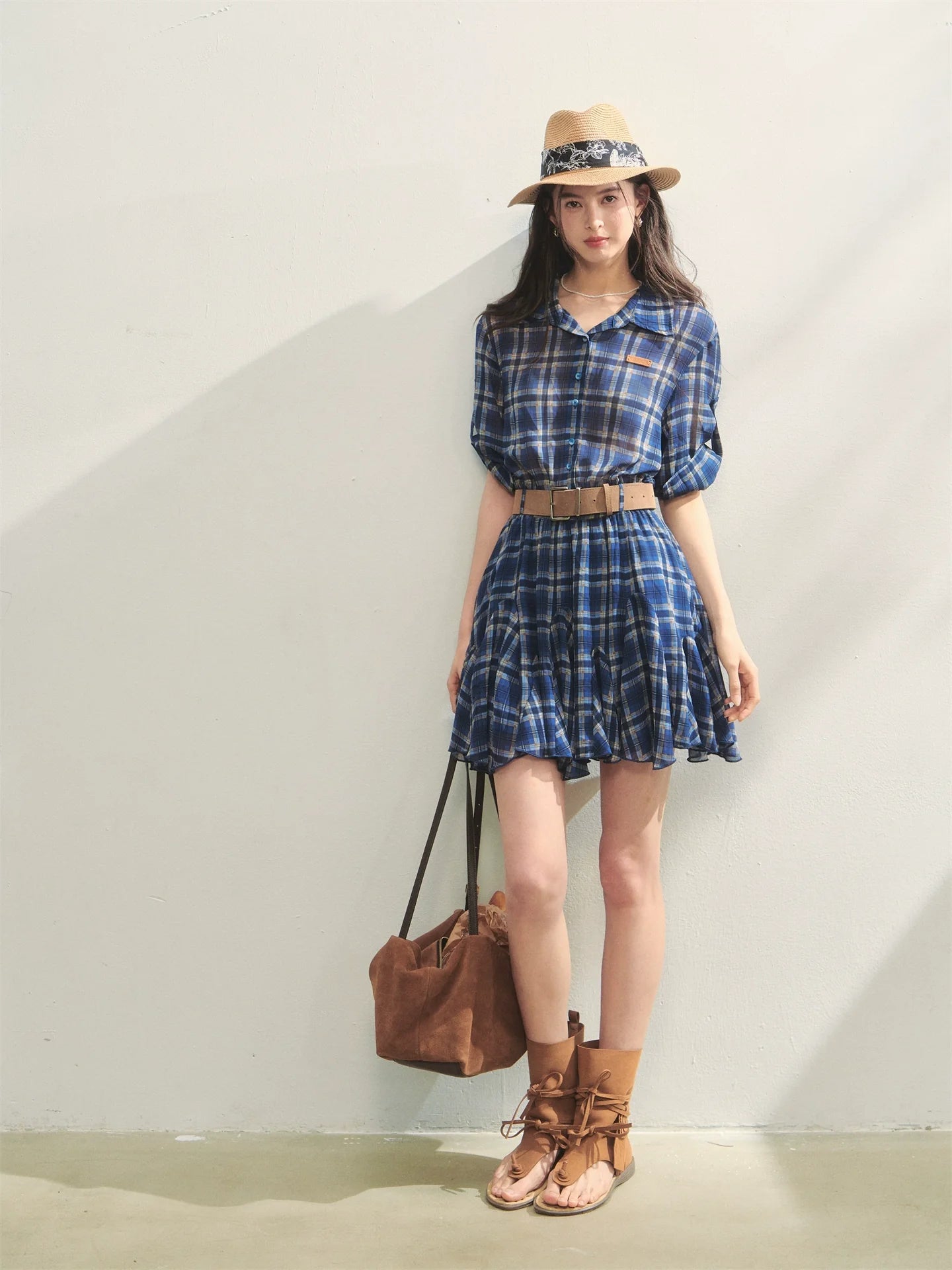 Collared Checked Waist-fitted Long-sleeve Shirt Dress