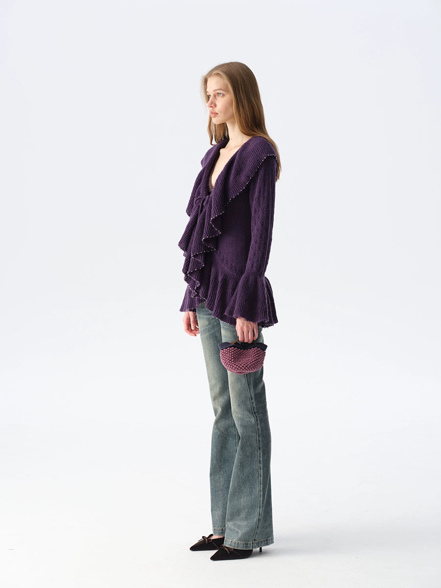 Two-Tone Openwork Ruffle Longline Cardigan