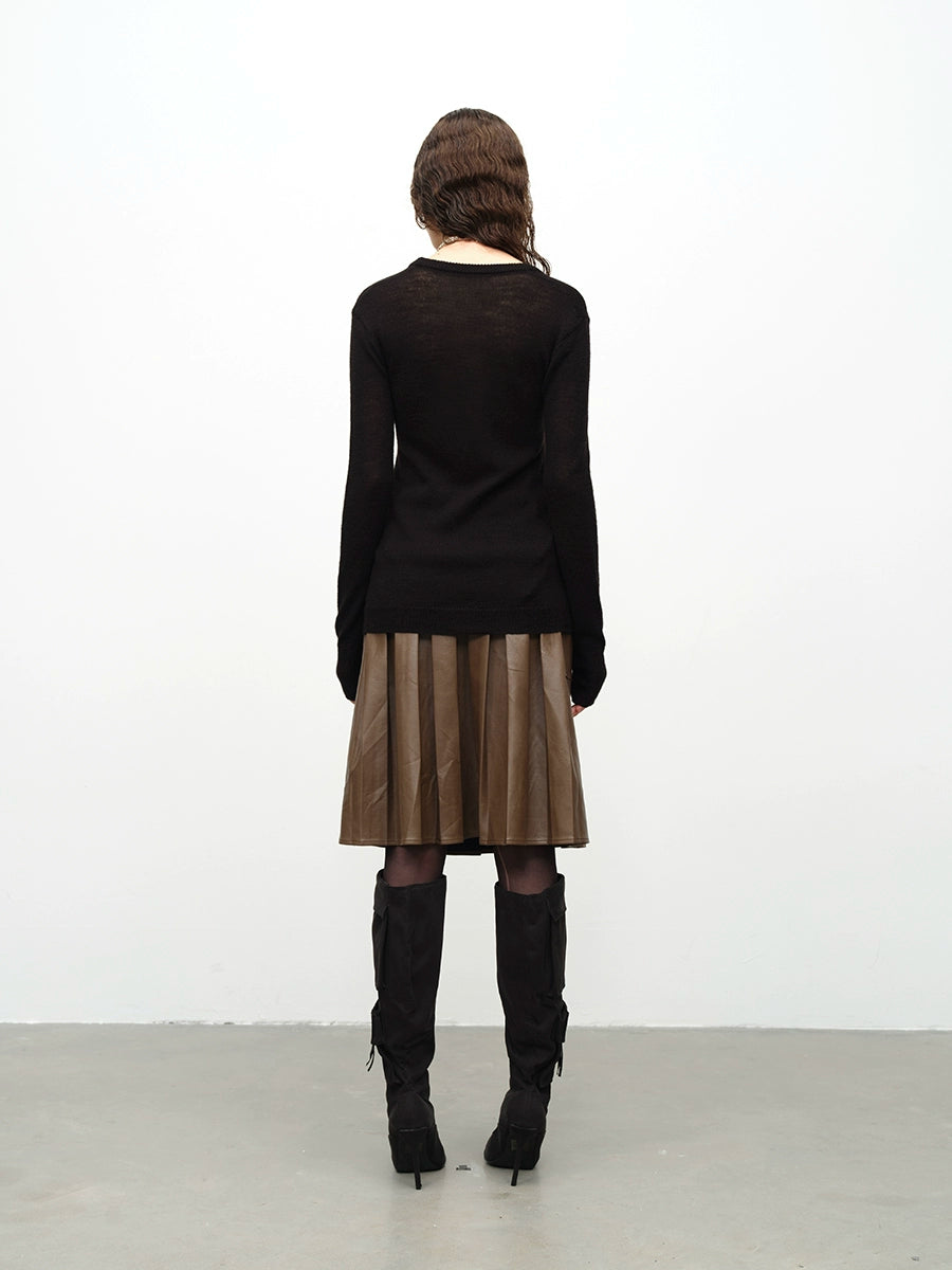 Black & Green Wool Handmade Drawstring Knit Pullover Sweater