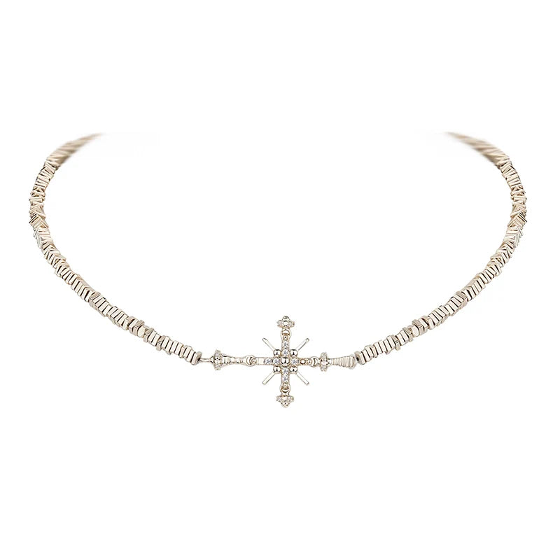 Retro Gold Cross Broken Silver Choker