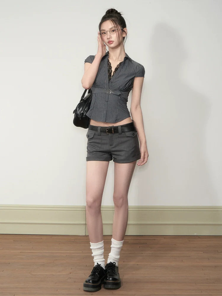 Waist Lace V - neck Shirt