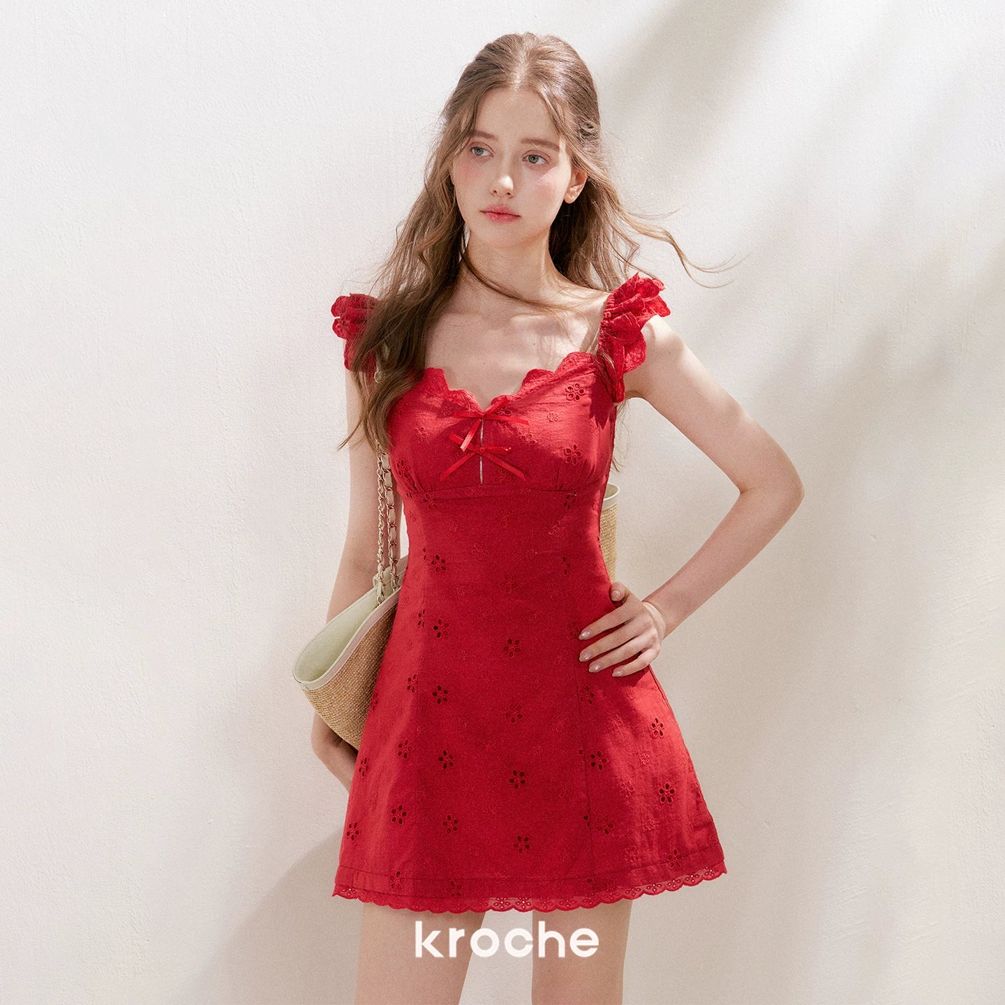 Red Embroidered Ruffle Dress