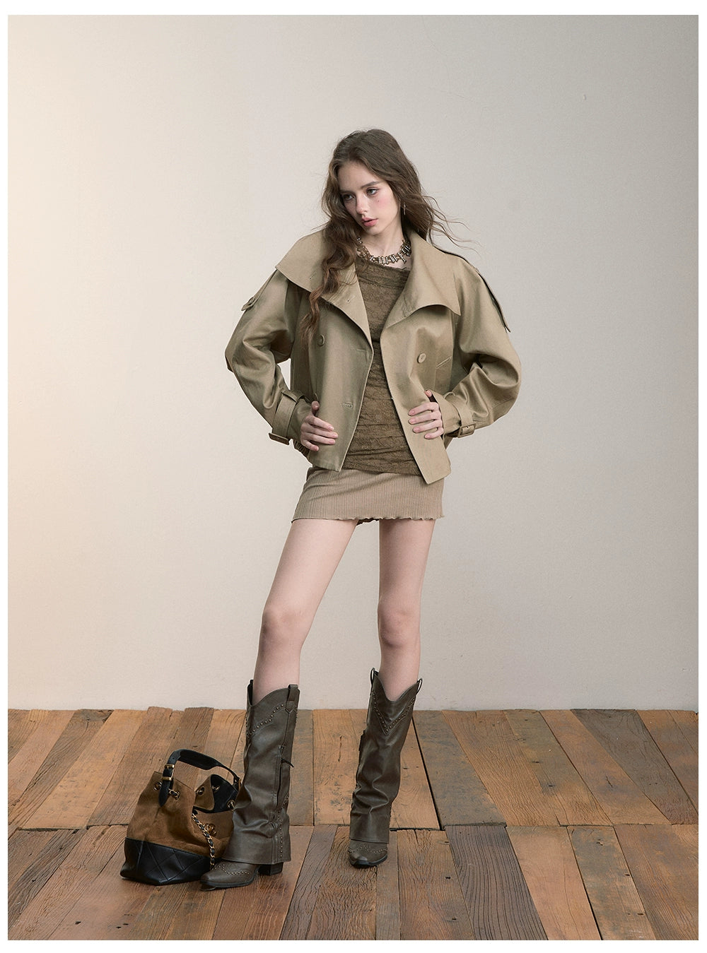 Vintage Pleated Stand Collar Jacket