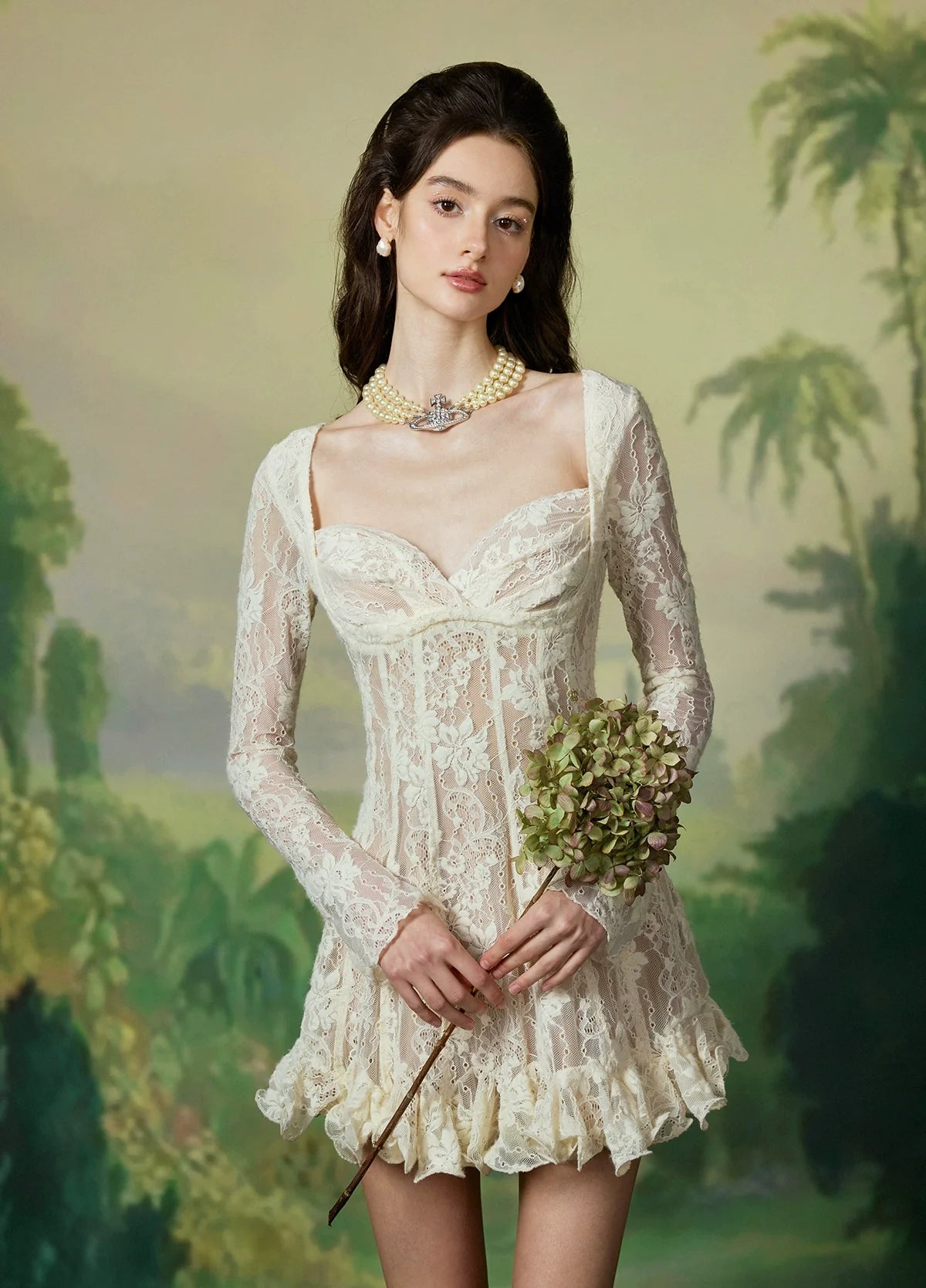 Laura Lace Waist-Cinched Long Sleeve Dress