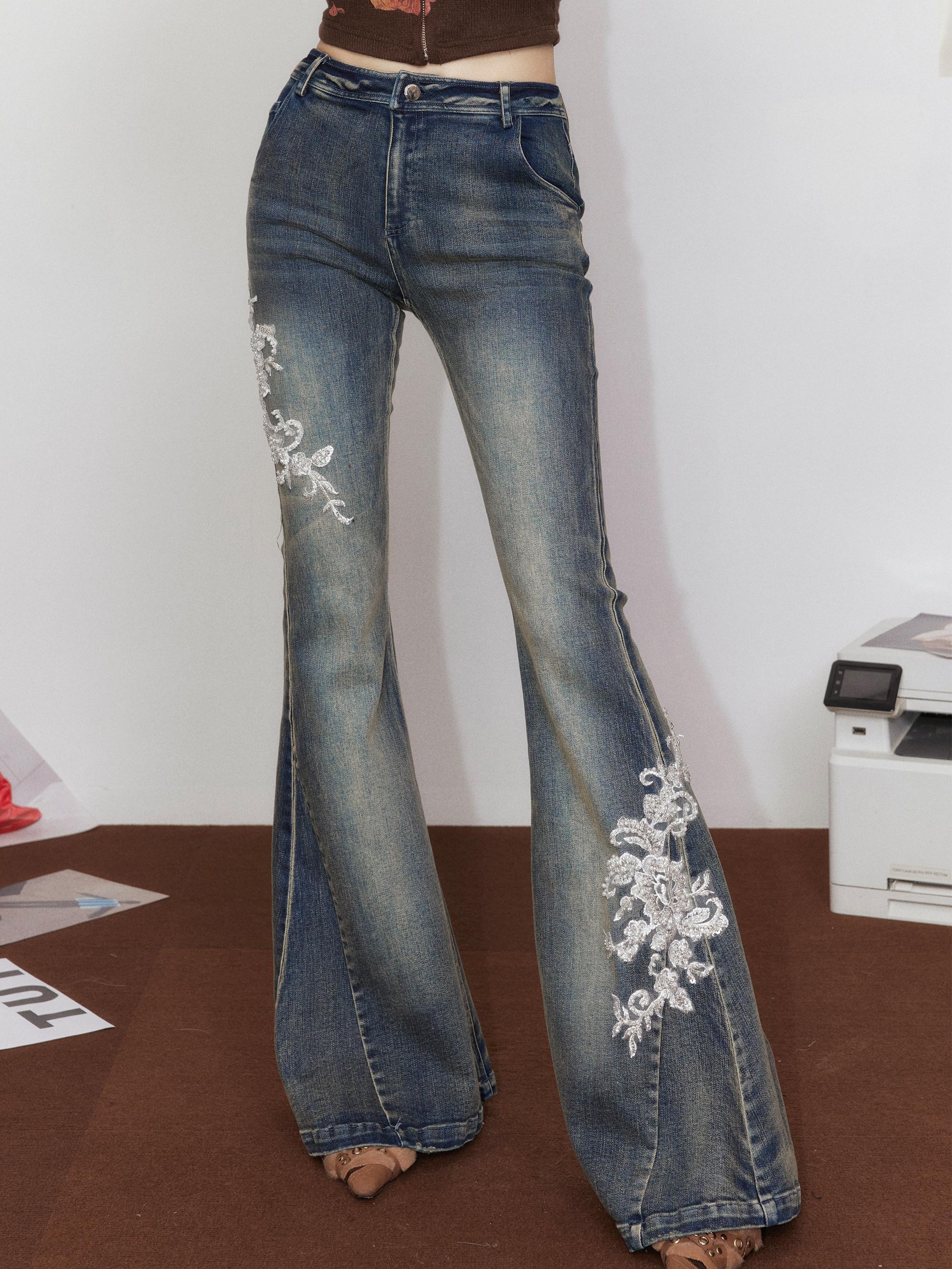 White Embroidered Flared Washed Denim Jeans