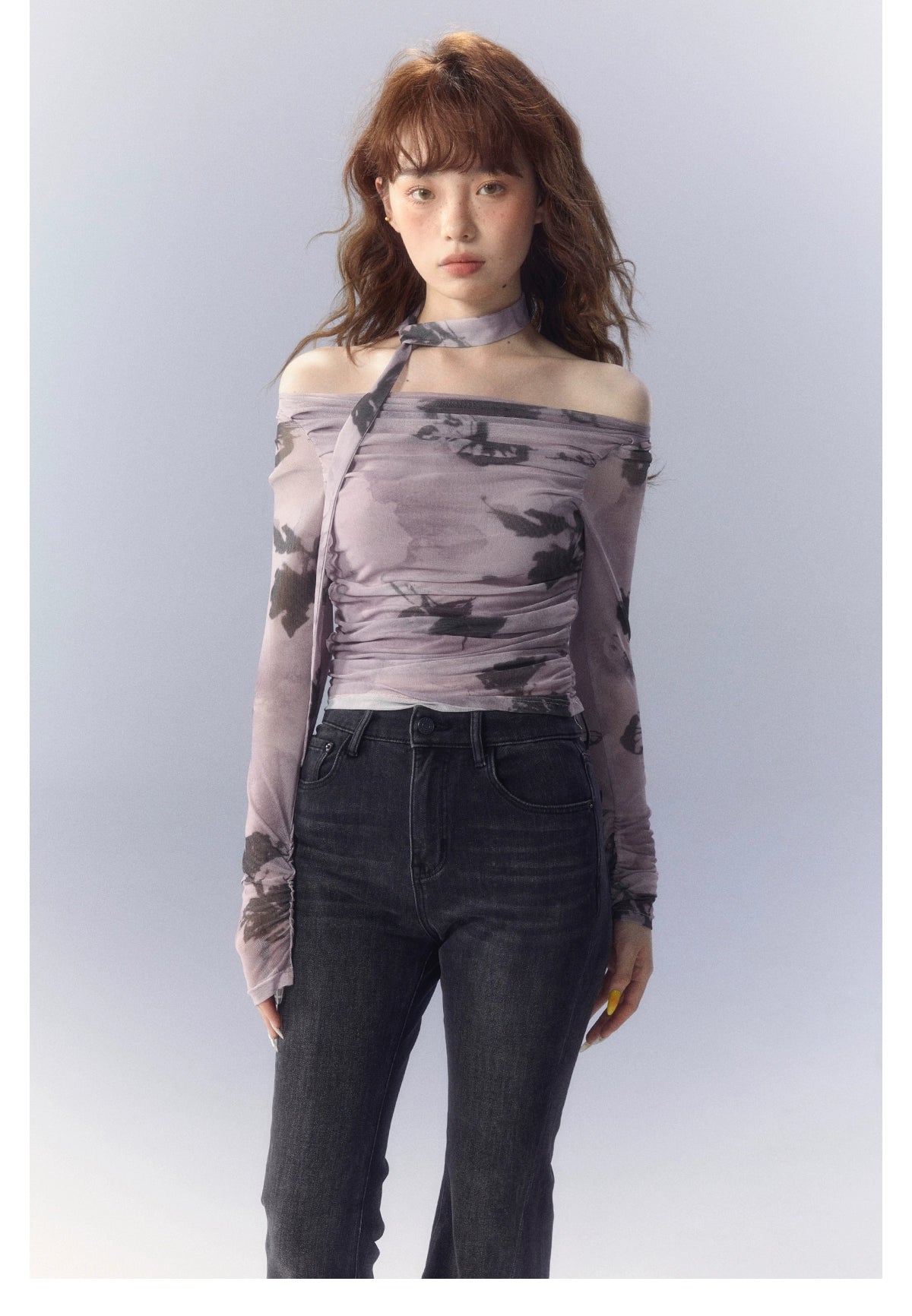 Purple Rose Printed Mesh Long Sleeve T-shirt