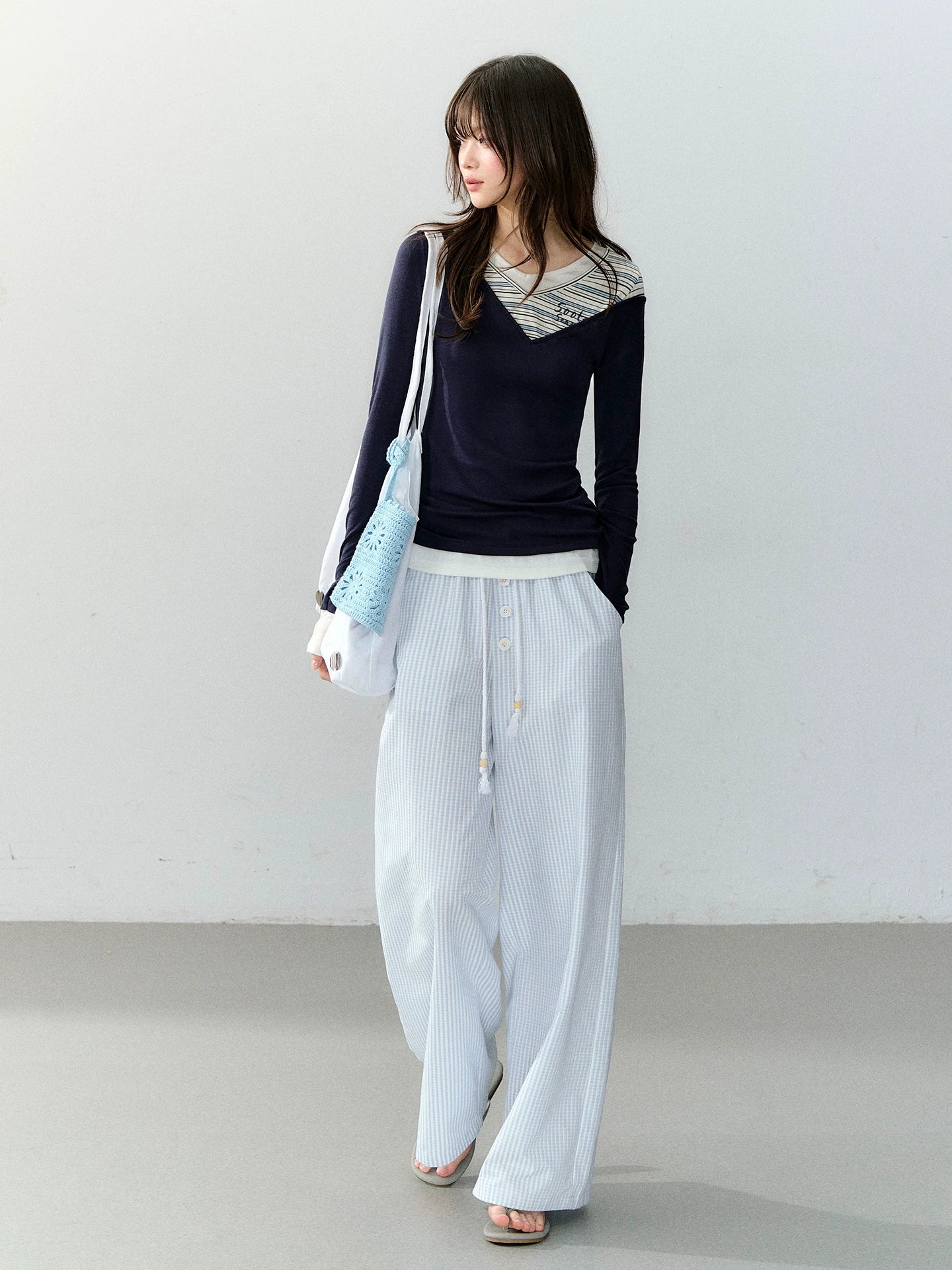 Blue Plaid Lyocell Blend Pants