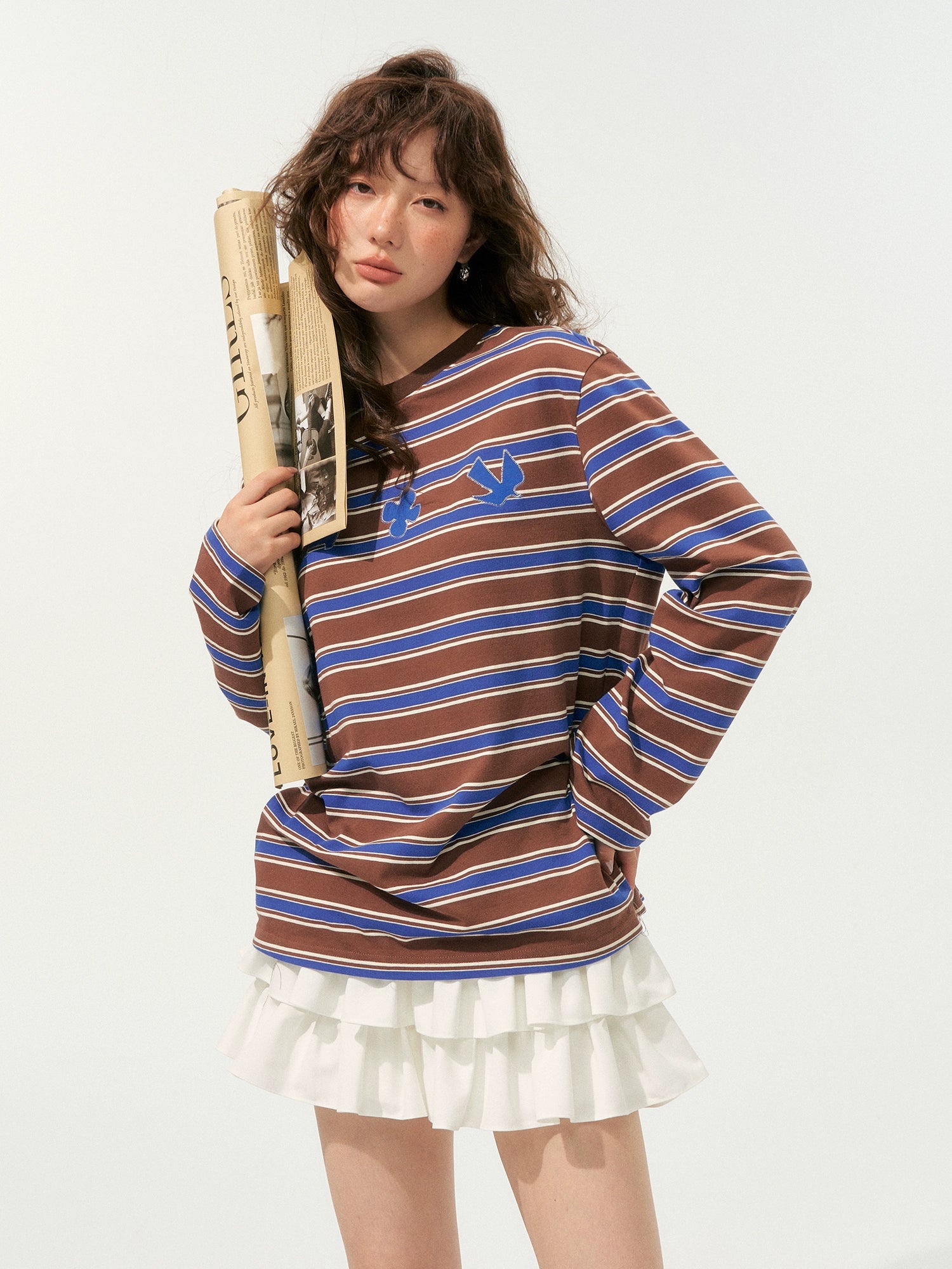 Color-Block Applique Embroidered Striped Long-Sleeve T-Shirt