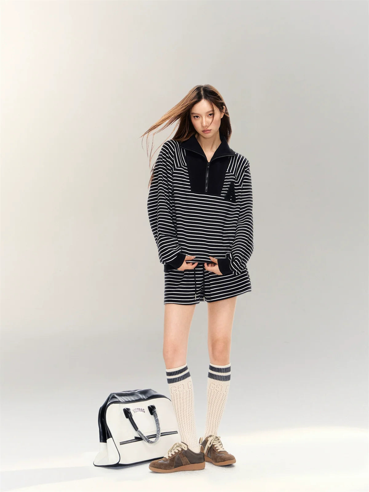 Striped Embroidered Sweatshirt & Shorts Set