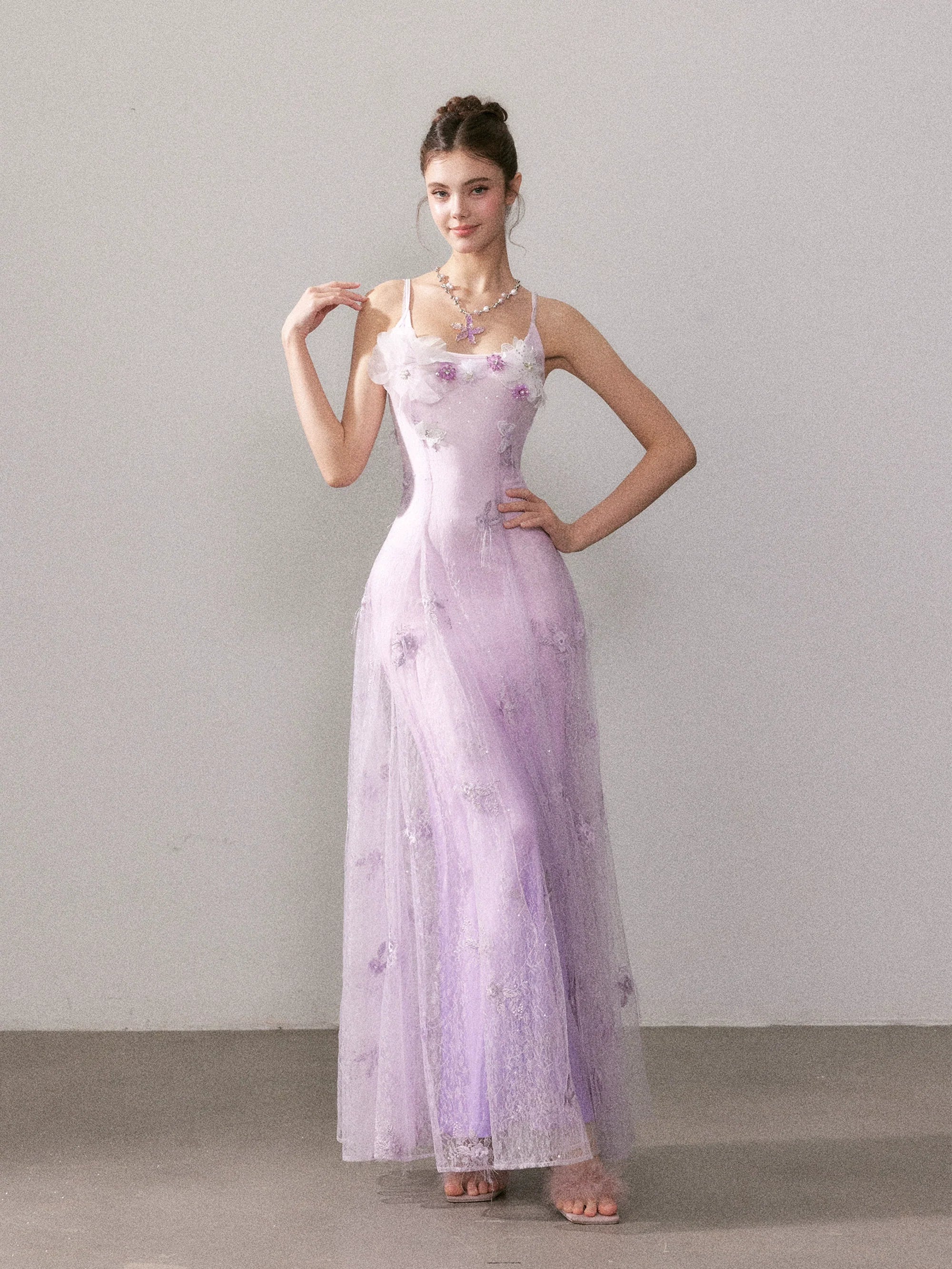 Light Purple Gradient Embroidered Bud Lace Long Dress