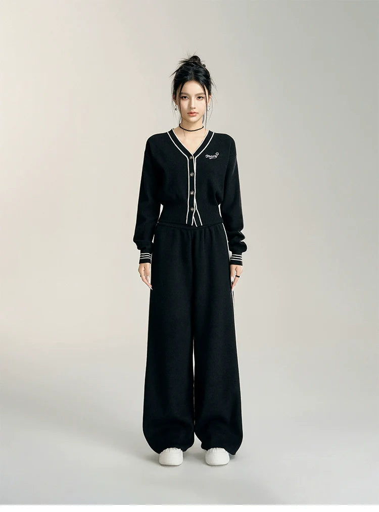 Black & Off-white V-neck Knitted Cardigan Set