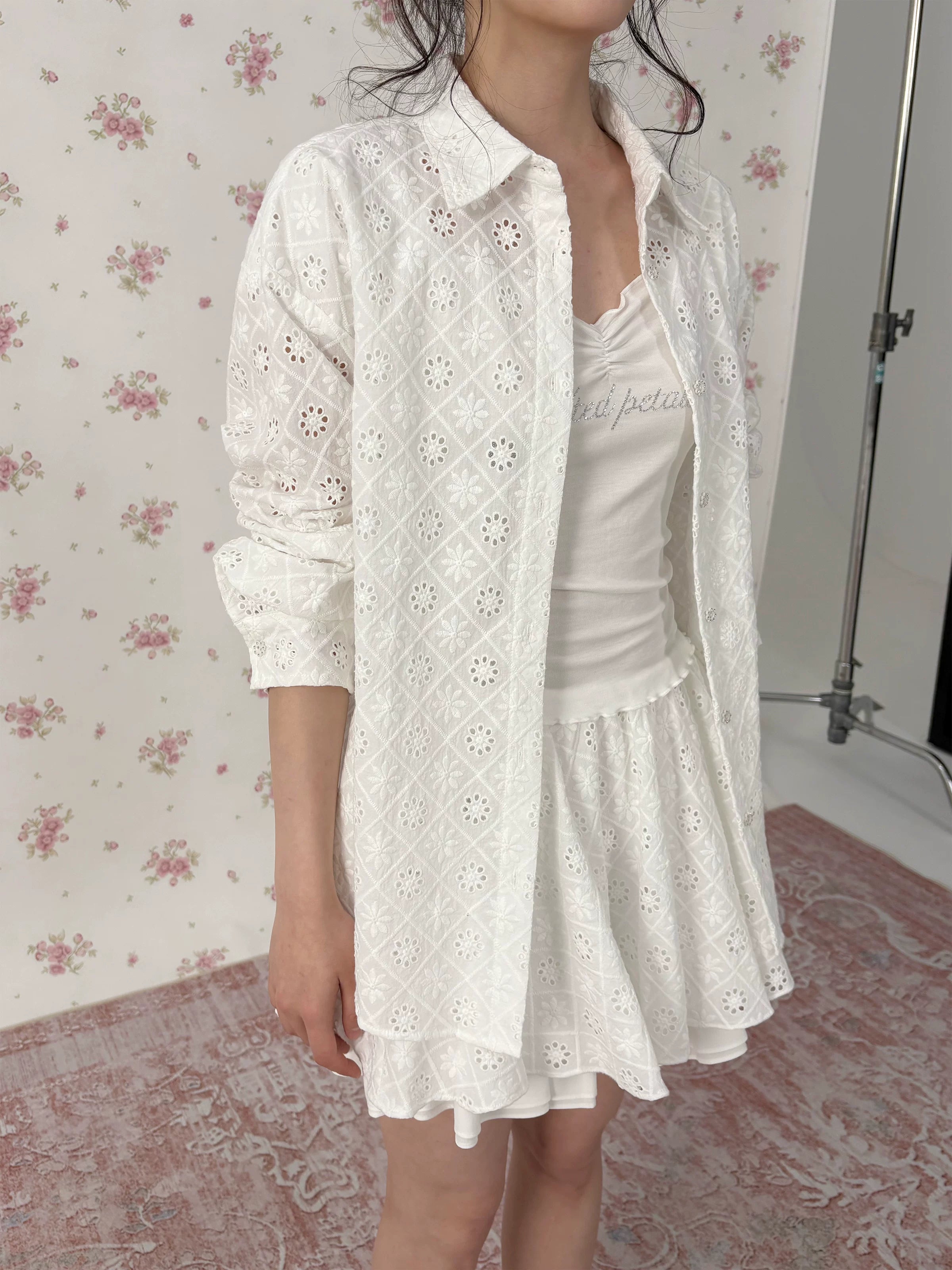 Lace Cutout Shirt & Skirt Set