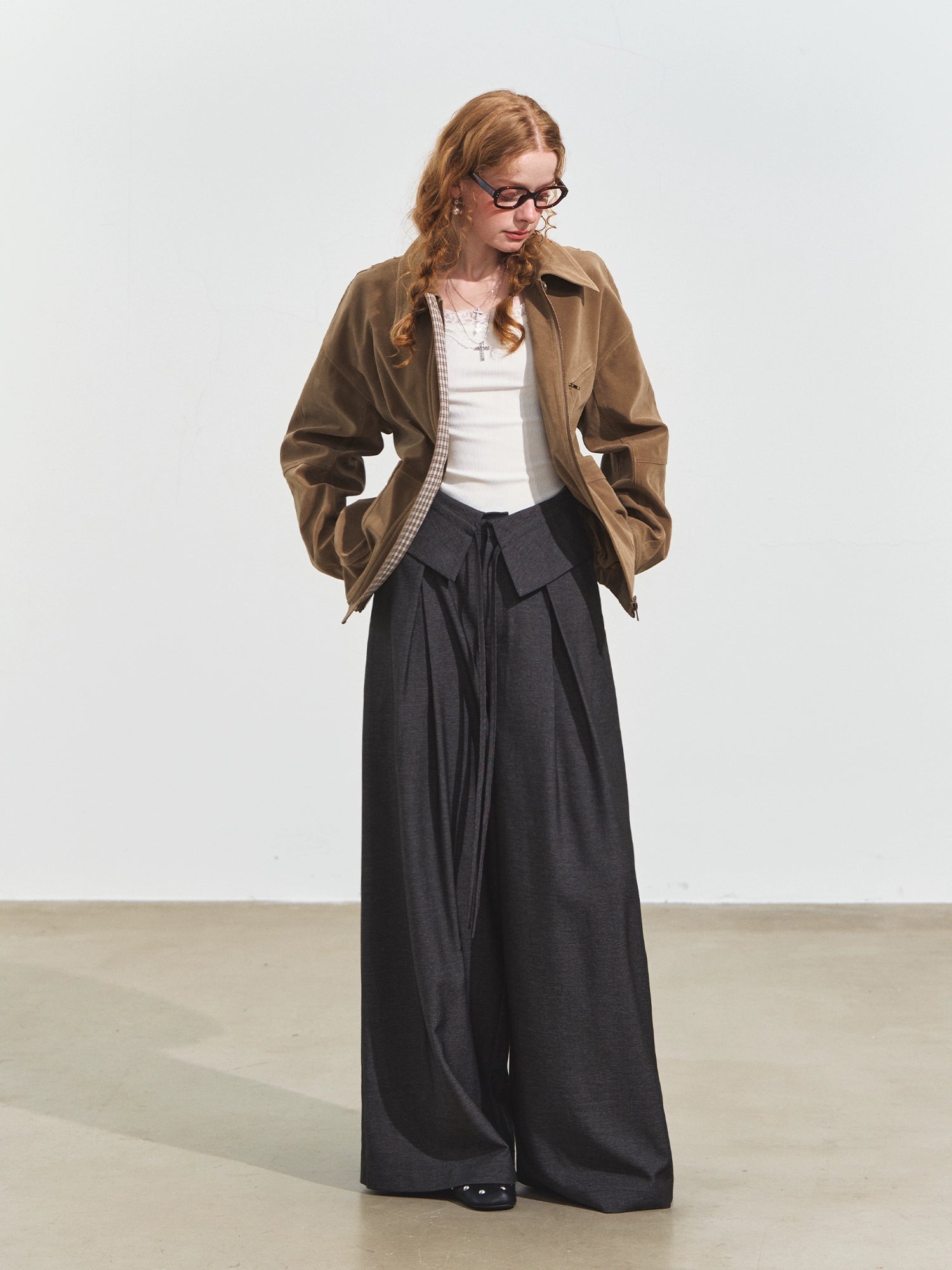 Gray Draped Flip-Waist Trousers