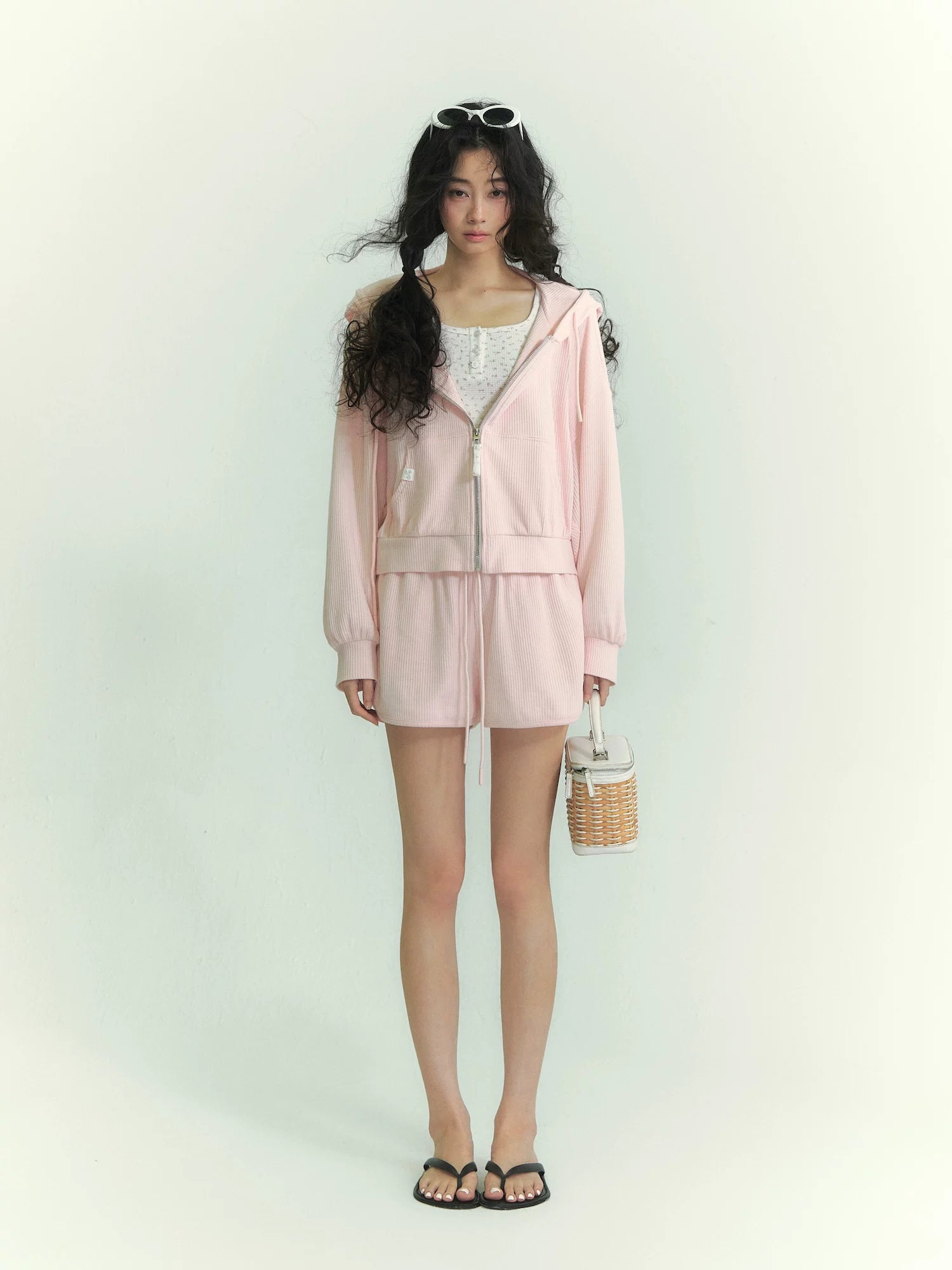 Waffle Hoodie Shorts Vest Set