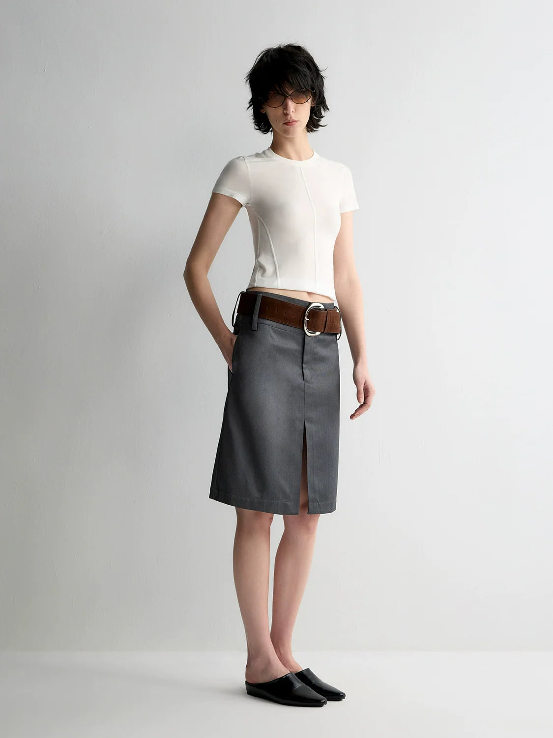Grey Wool Double-layer Suit Midi Skirt