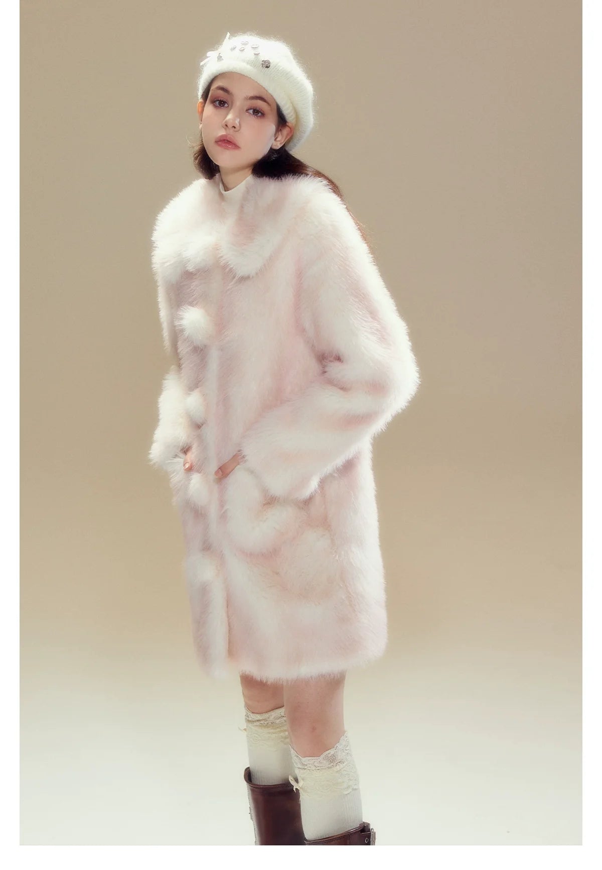 Pink Ombre Doll Collar Long Shearling Coat