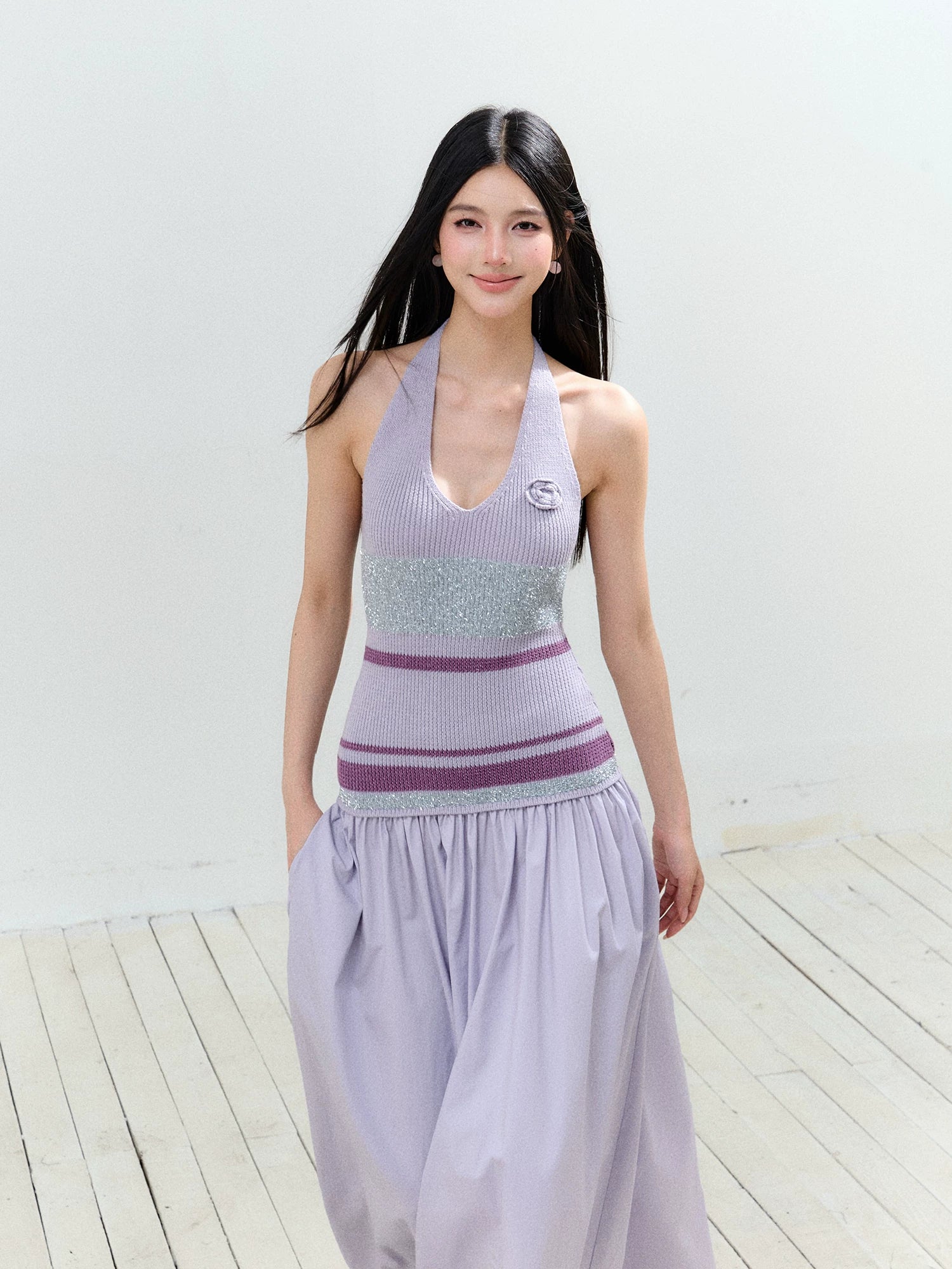 Lurex Halter V-Neck Backless Maxi Dress