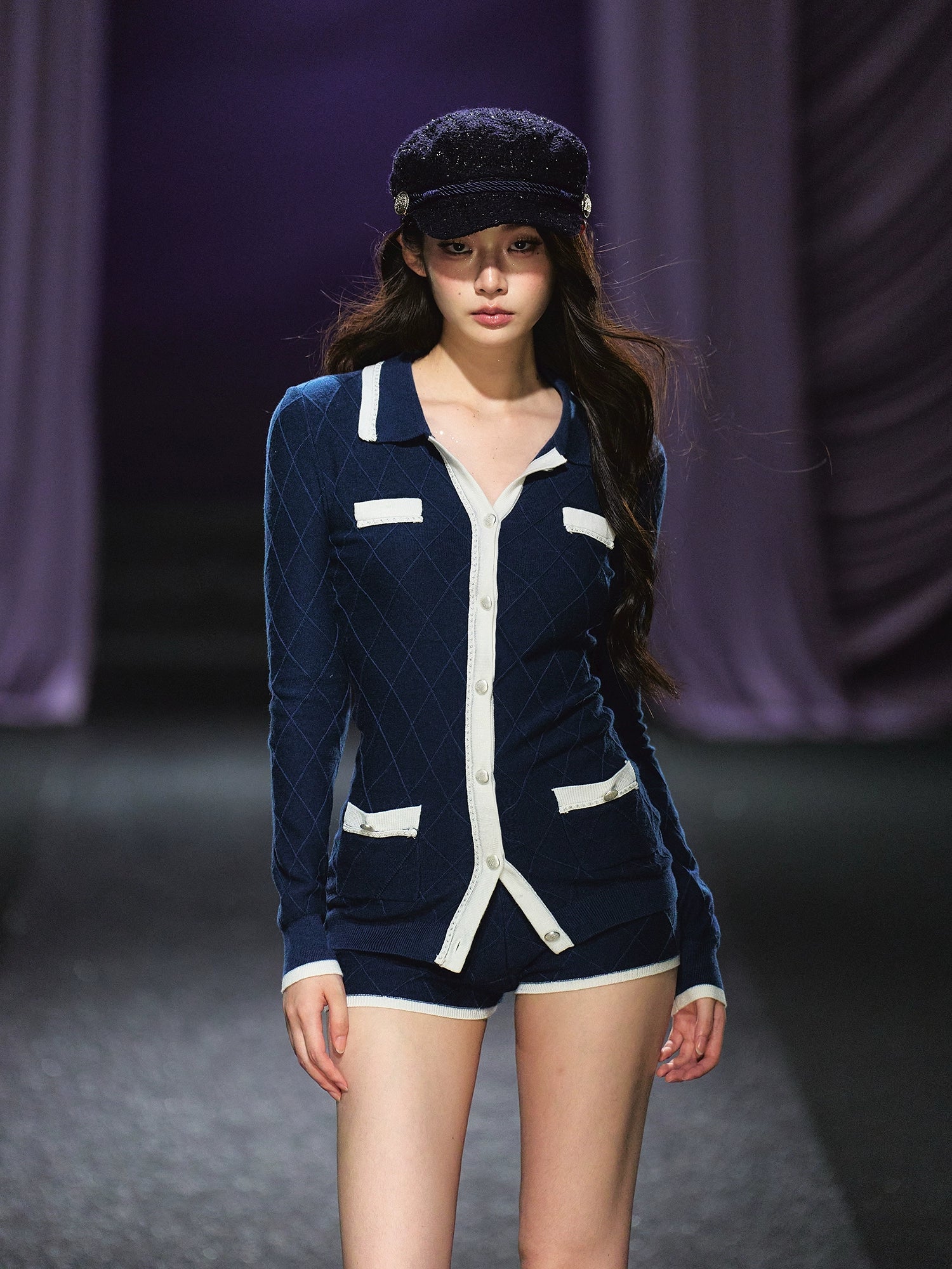 Tweed-Style Diamond Knit Cardigan & Shorts Set