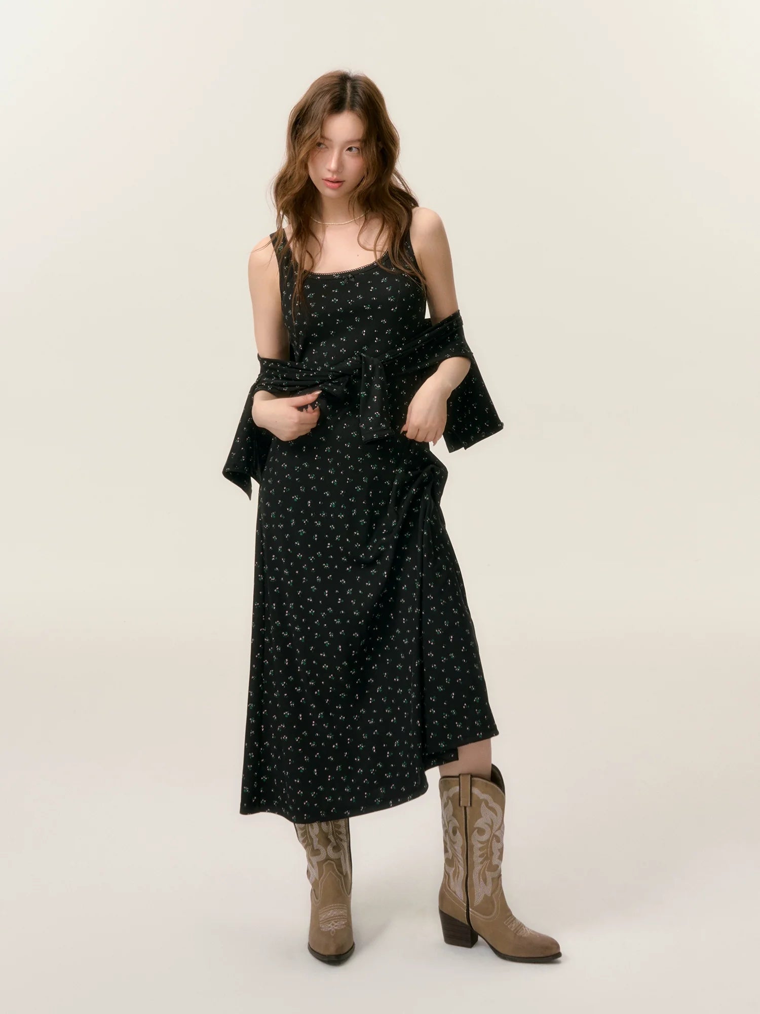 Dropped Shoulder Floral Knit Dress & Cardigan Set