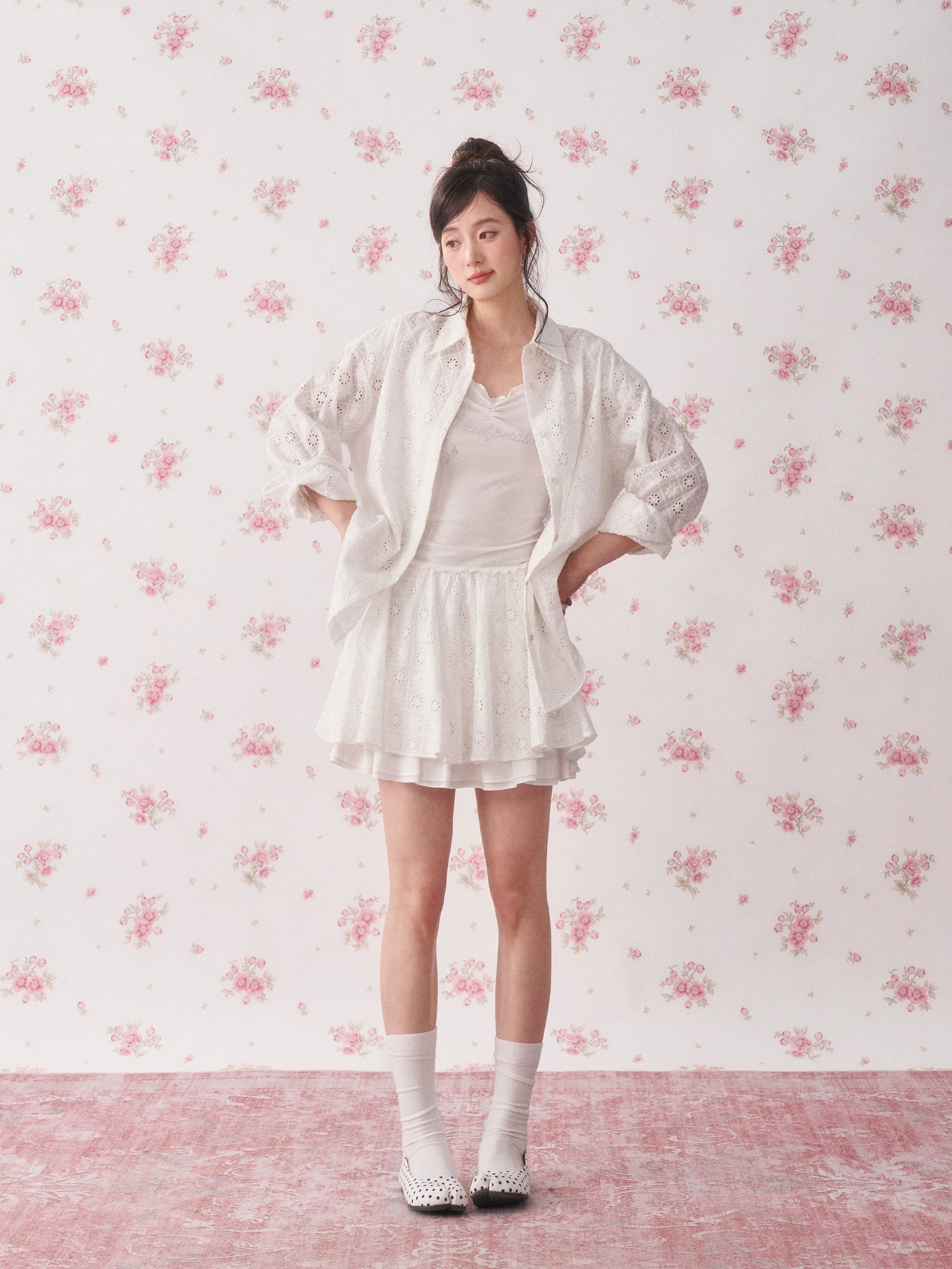 Lace Cutout Shirt & Skirt Set